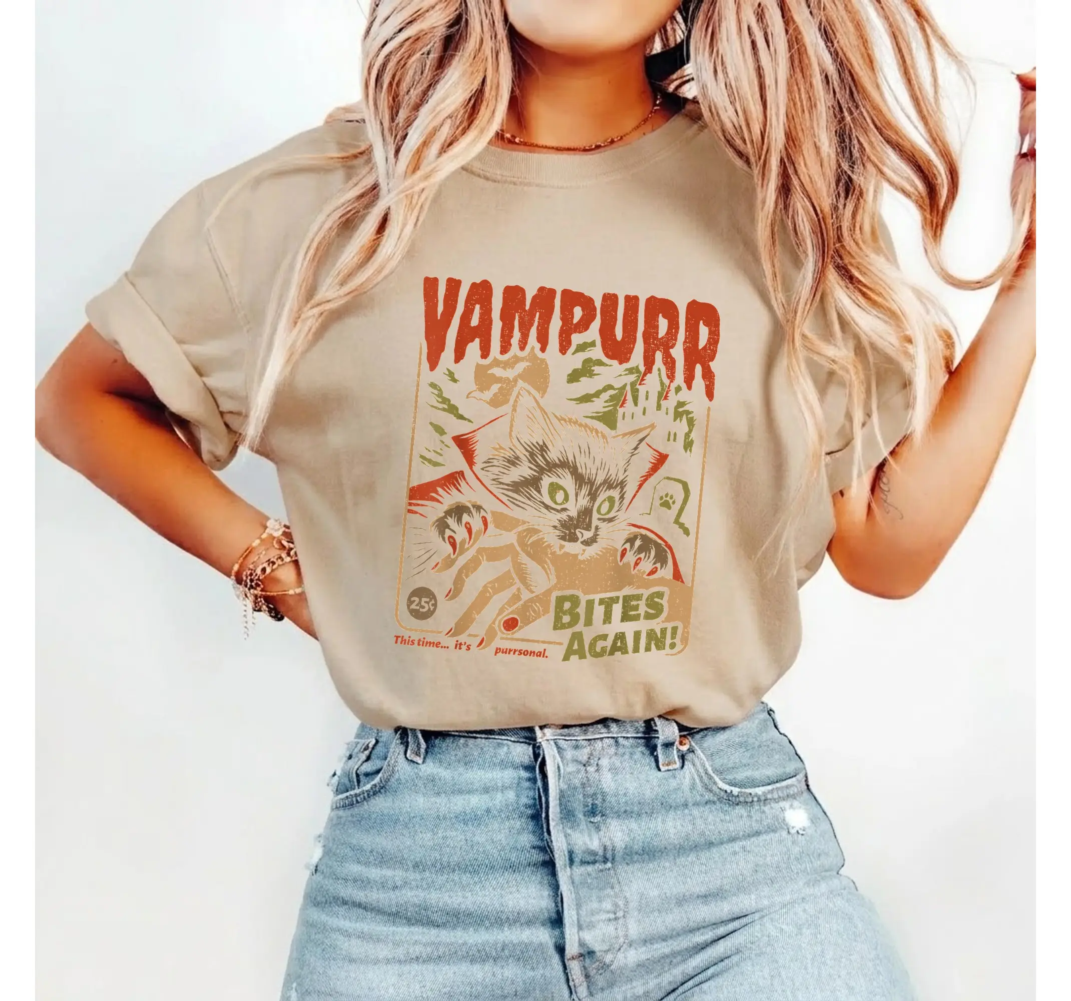 Halloween Vampire Cat Shirt, Funny Vintage Vampurr Graphic Tee for Cat Lovers - photo 2