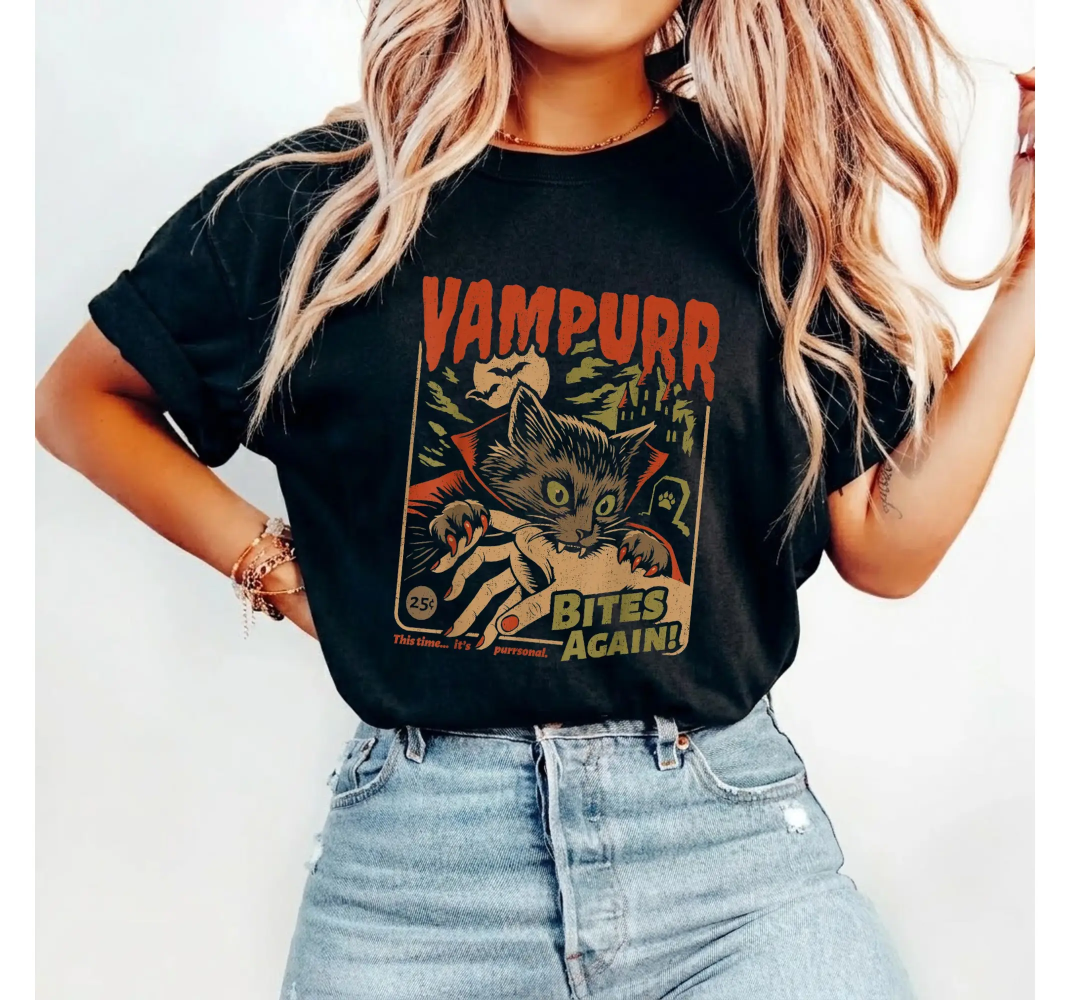 Halloween Vampire Cat Shirt, Funny Vintage Vampurr Graphic Tee for Cat Lovers - photo 3
