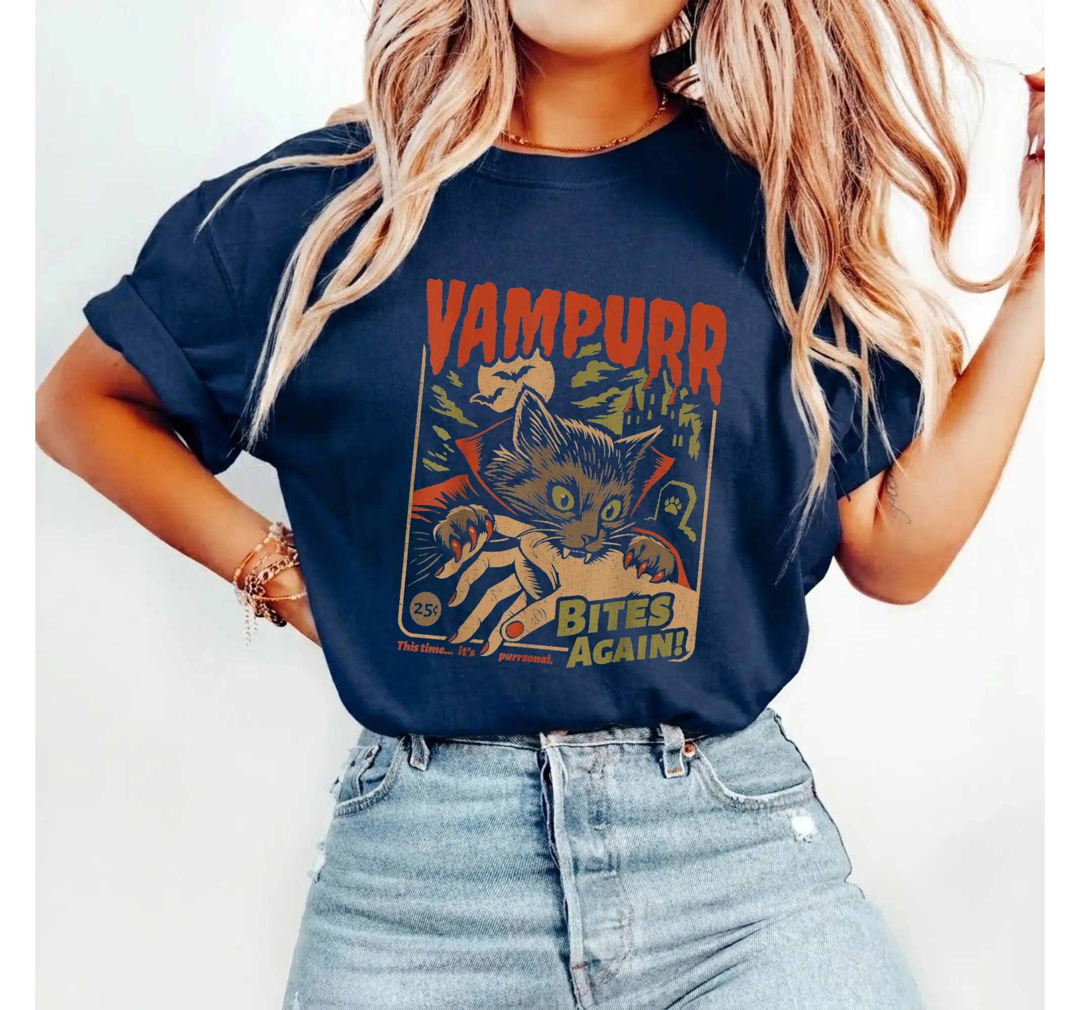 Halloween Vampire Cat Shirt, Funny Vintage Vampurr Graphic Tee for Cat Lovers - photo 4