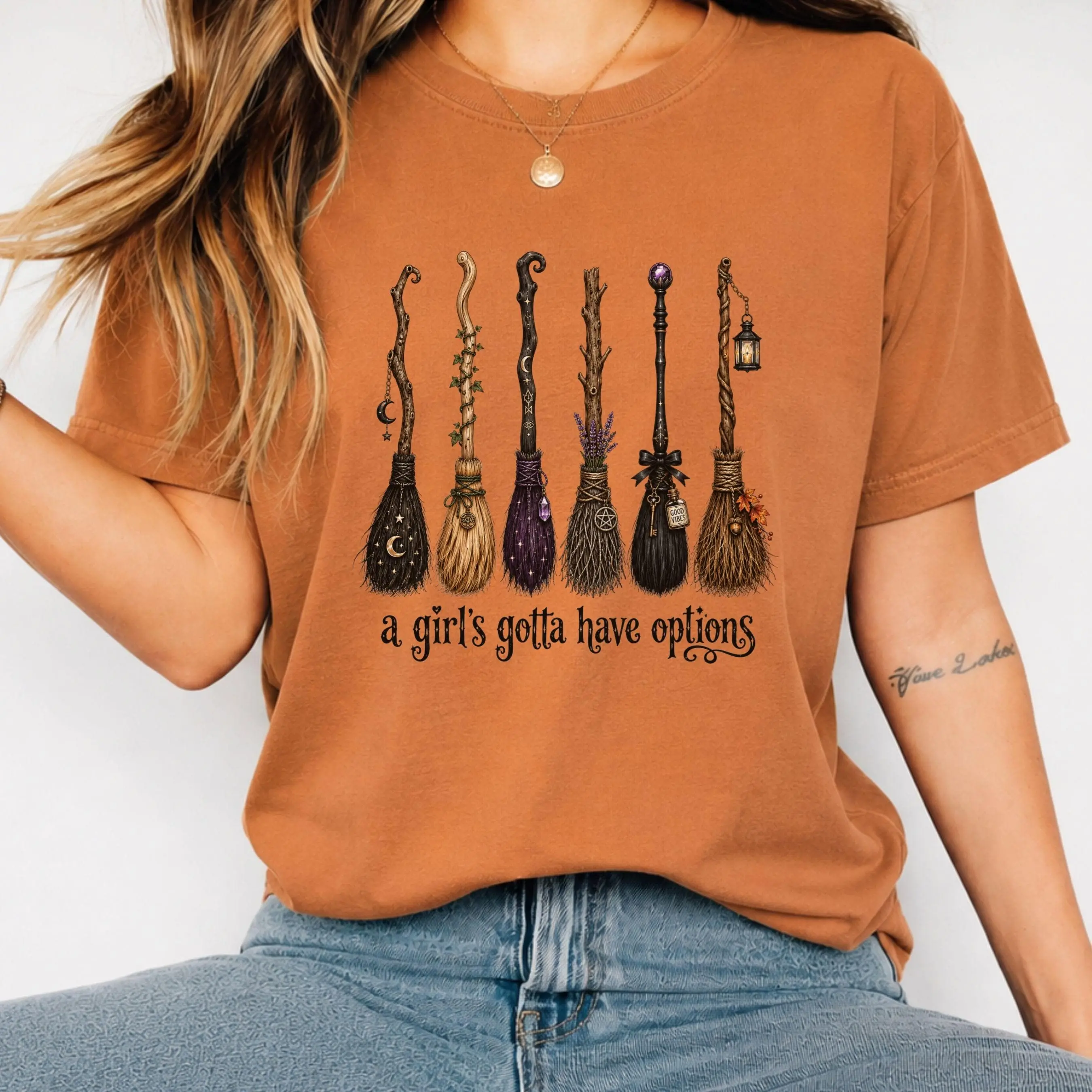 Halloween Witch Shirt for Women - Graphic Tee with Broomstick Moon Spider Design, Funny Spooky Season Clothing