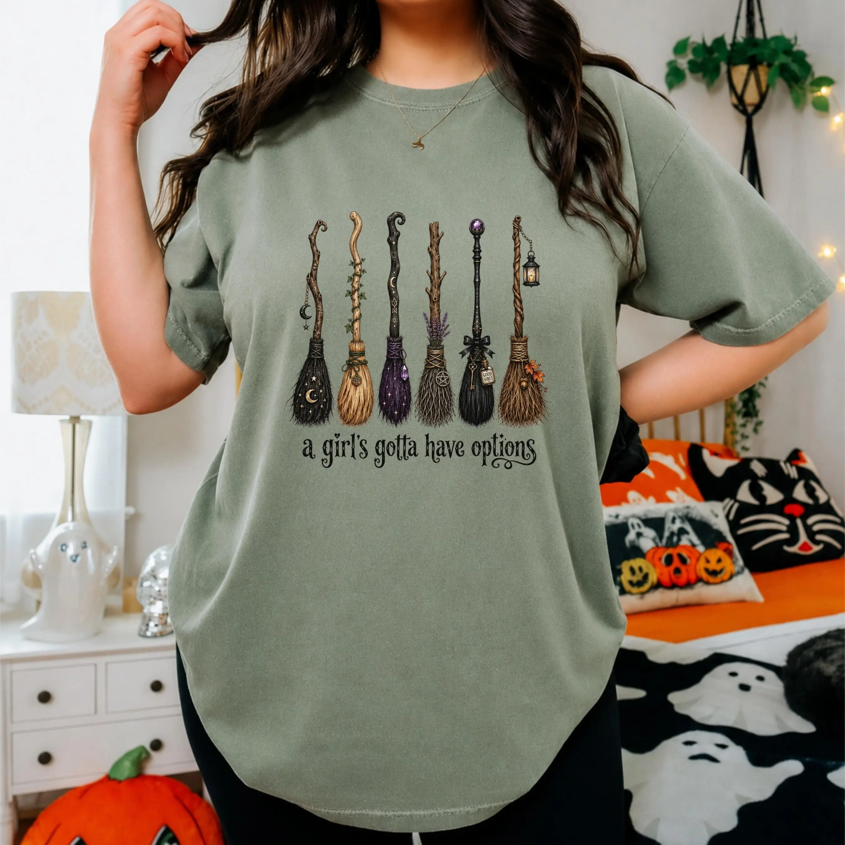 Halloween Witch Shirt for Women - Graphic Tee with Broomstick Moon Spider Design, Funny Spooky Season Clothing - photo 5