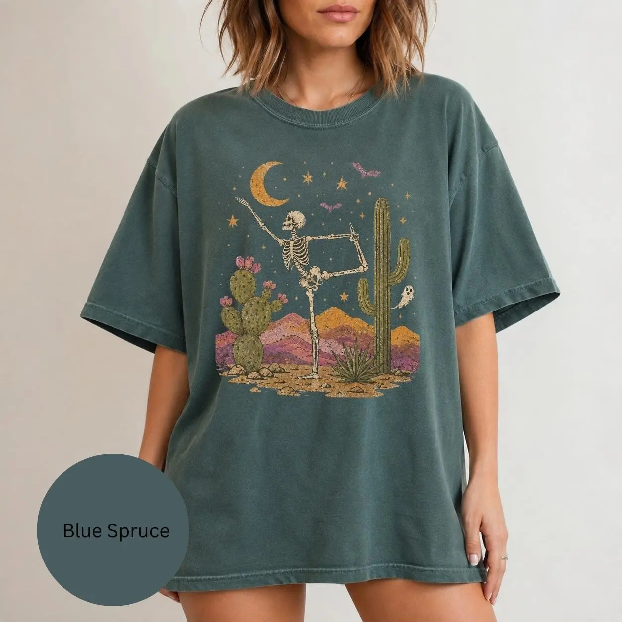 Halloween Yoga Shirt, Retro Desert Skeleton Graphic Tee, Vintage Spooky Fitness Gift for Yogis