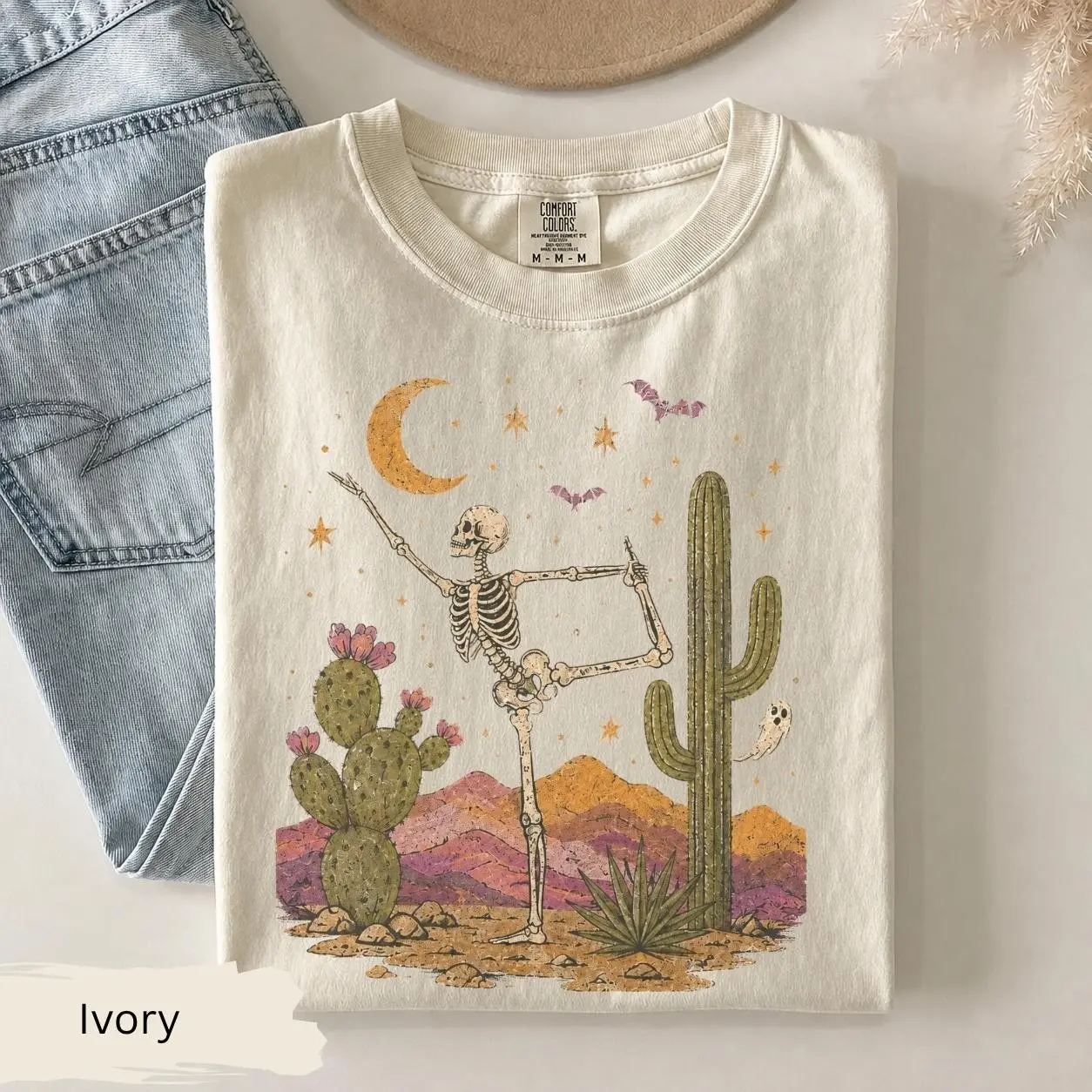 Halloween Yoga Shirt, Retro Desert Skeleton Graphic Tee, Vintage Spooky Fitness Gift for Yogis - photo 2