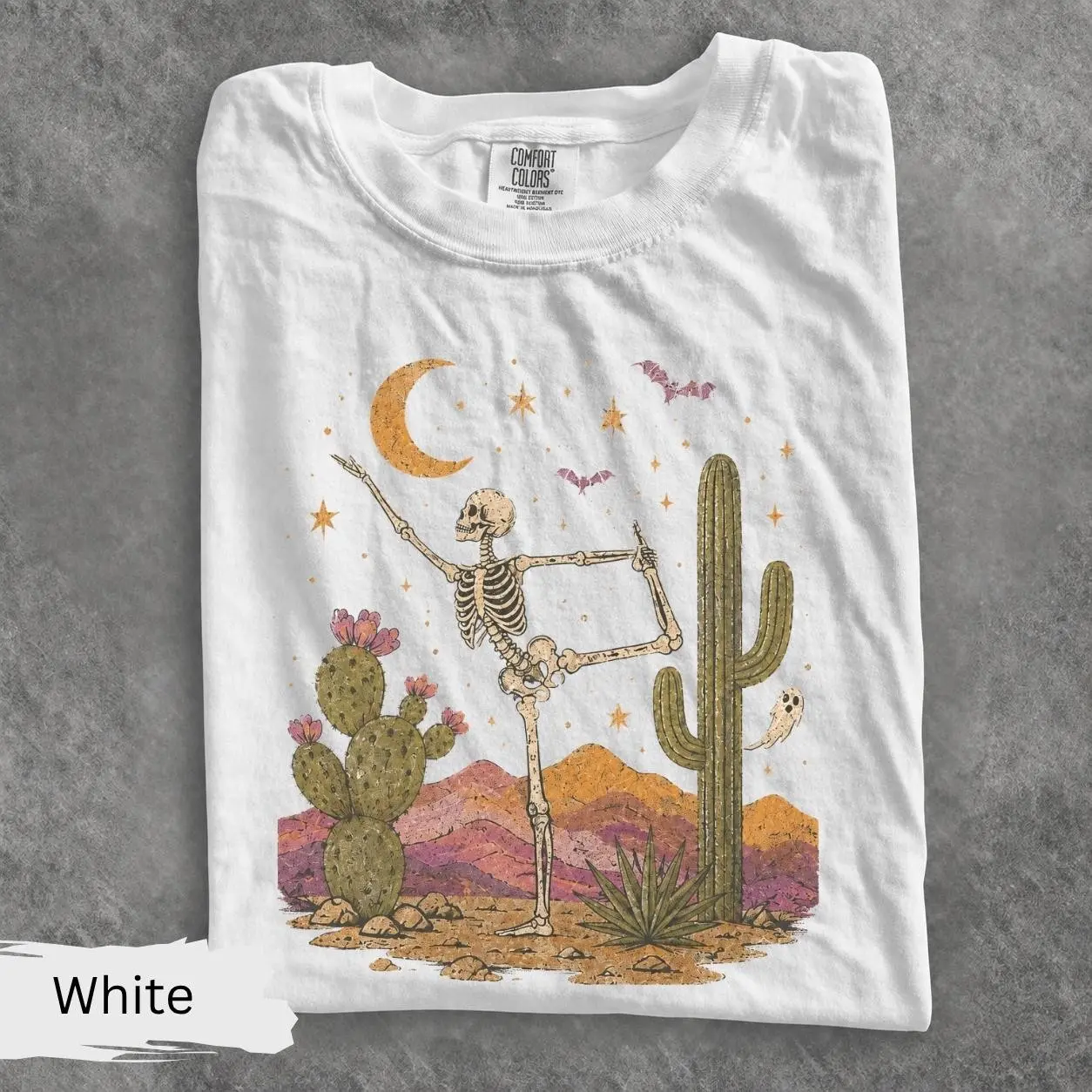 Halloween Yoga Shirt, Retro Desert Skeleton Graphic Tee, Vintage Spooky Fitness Gift for Yogis - photo 4