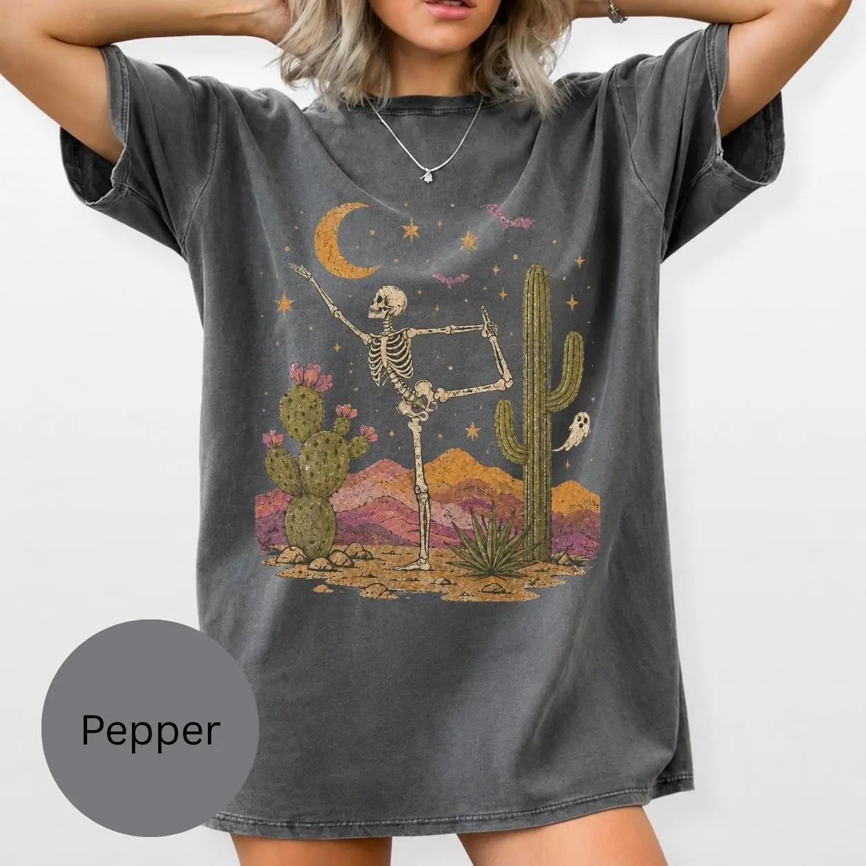 Halloween Yoga Sweatshirt, Retro Desert Skeleton Crewneck, Vintage Spooky Fitness Gift for Yogis - photo 3