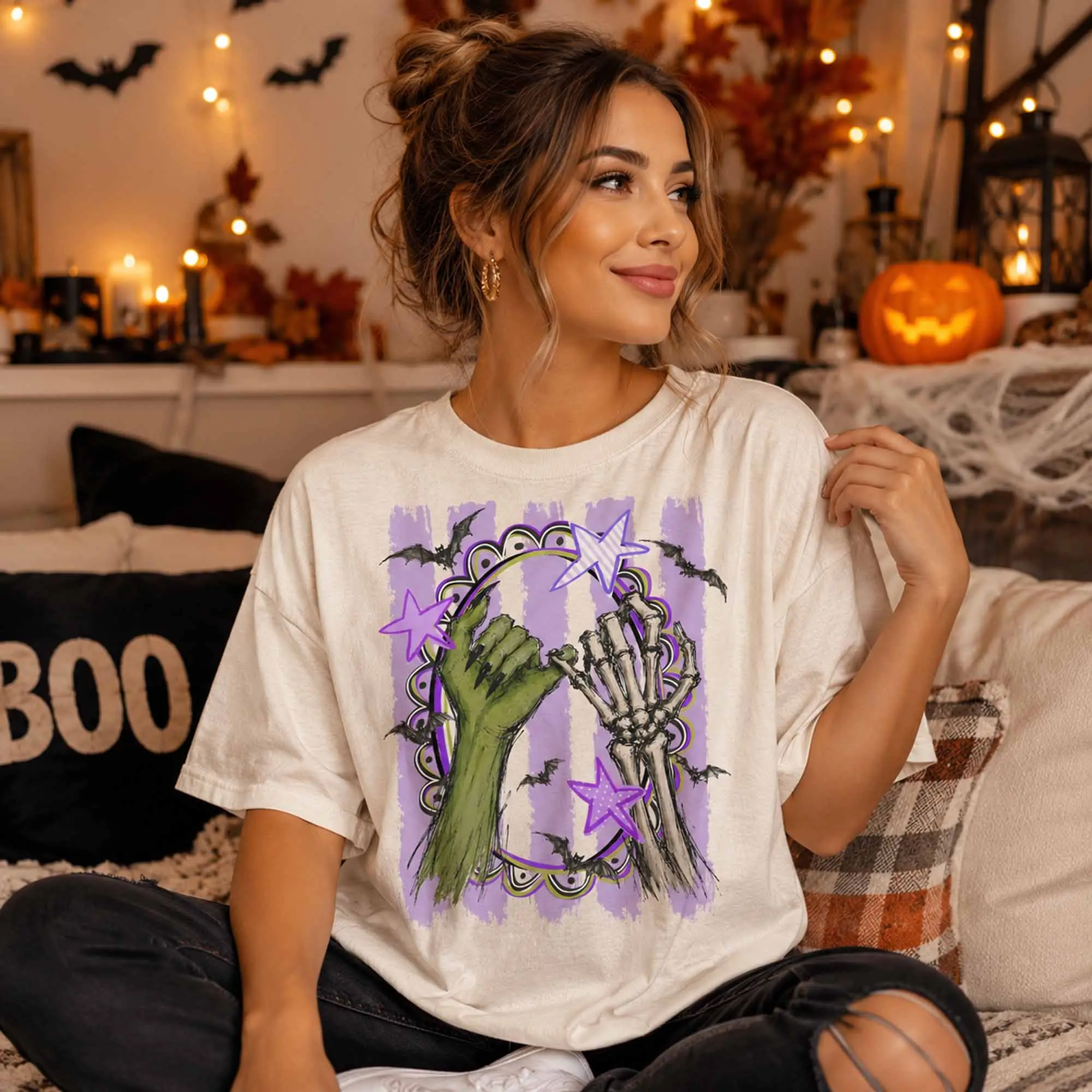 Hand Skeleton Pinky Promise Shirt, Funny Halloween Tee, Spooky Season Gothic Bat Purple Stripe Graphic Top