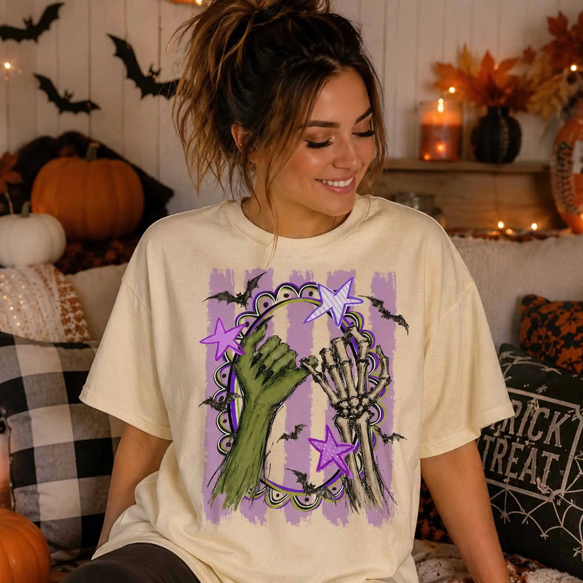 Hand Skeleton Pinky Promise Shirt, Funny Halloween Tee, Spooky Season Gothic Bat Purple Stripe Graphic Top - photo 2