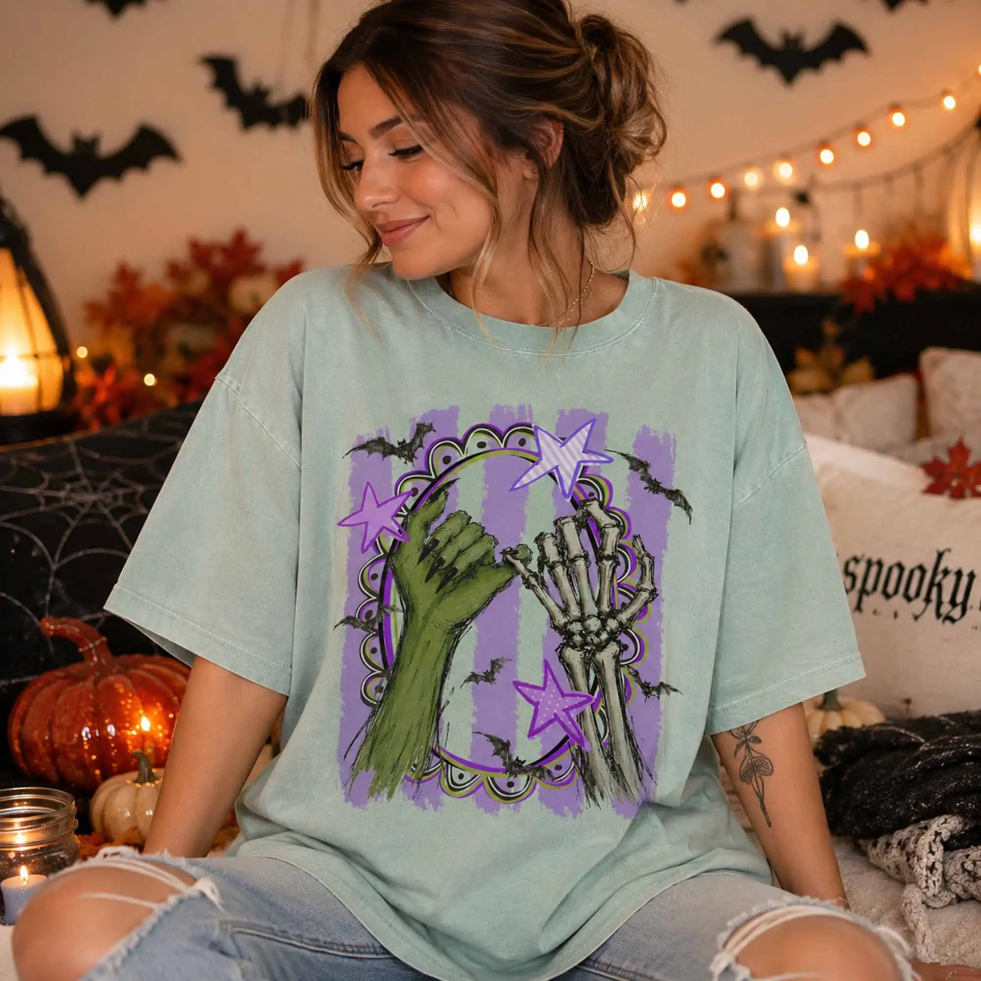Hand Skeleton Pinky Promise Shirt, Funny Halloween Tee, Spooky Season Gothic Bat Purple Stripe Graphic Top - photo 3