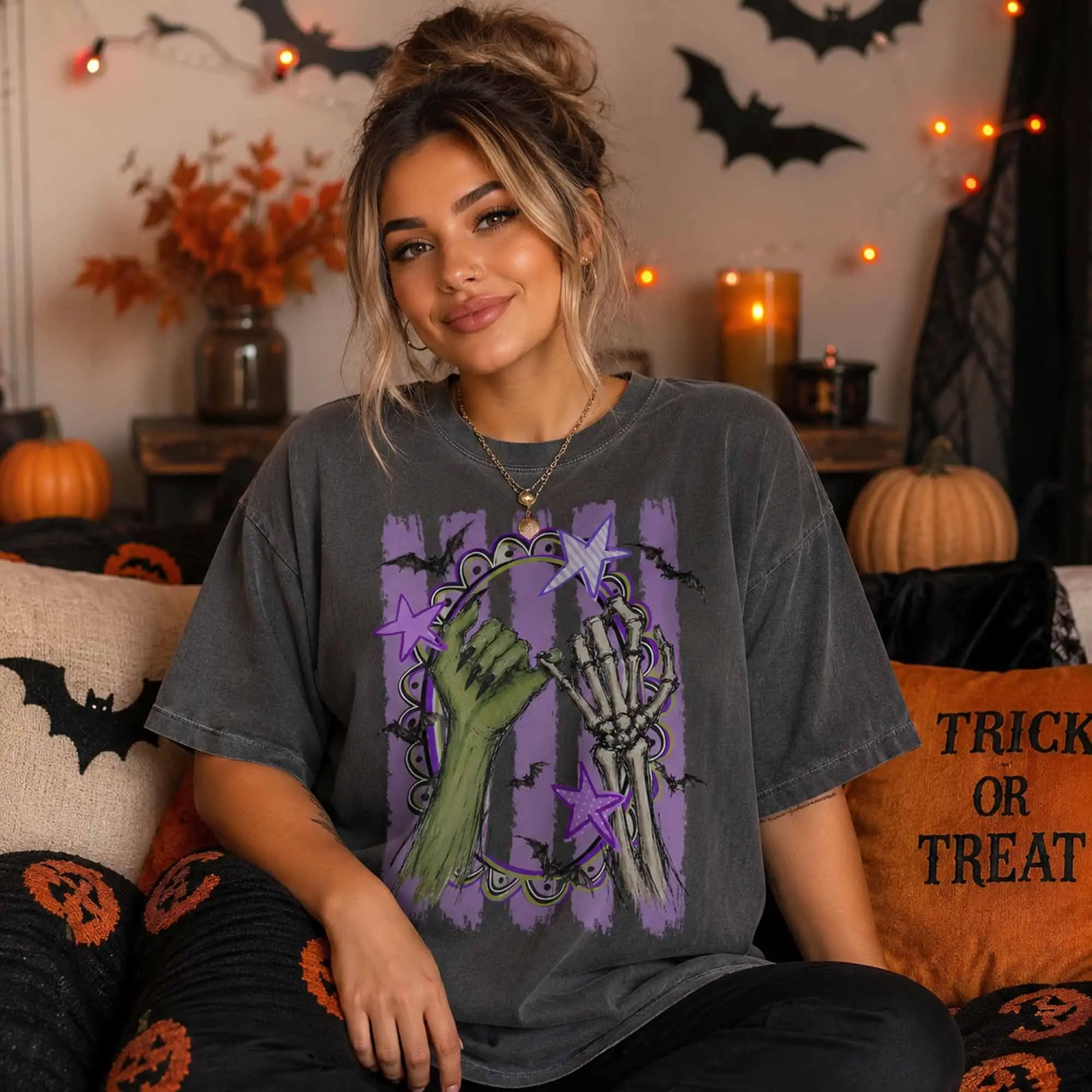 Hand Skeleton Pinky Promise Shirt, Funny Halloween Tee, Spooky Season Gothic Bat Purple Stripe Graphic Top - photo 5