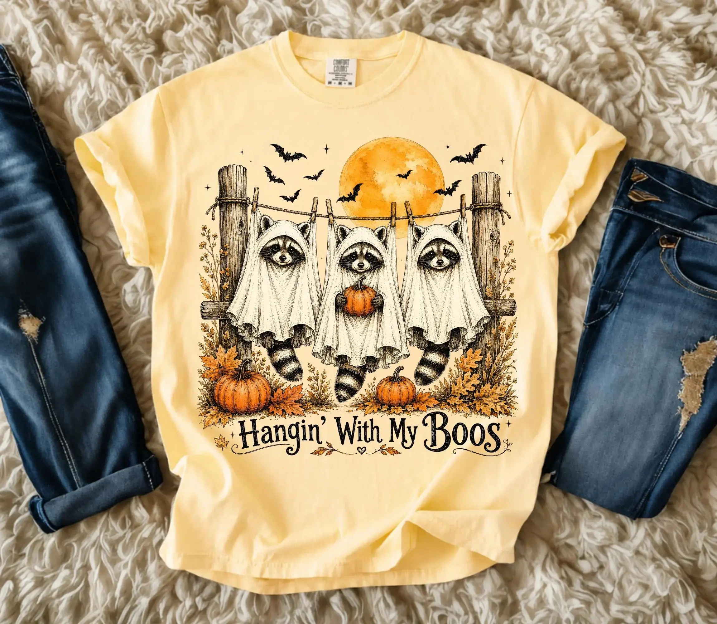 Comfort Colors Hangin With My Boos Shirt, Cute Raccoon Ghost Funny Fall Spooky Season Halloween Tee for Women