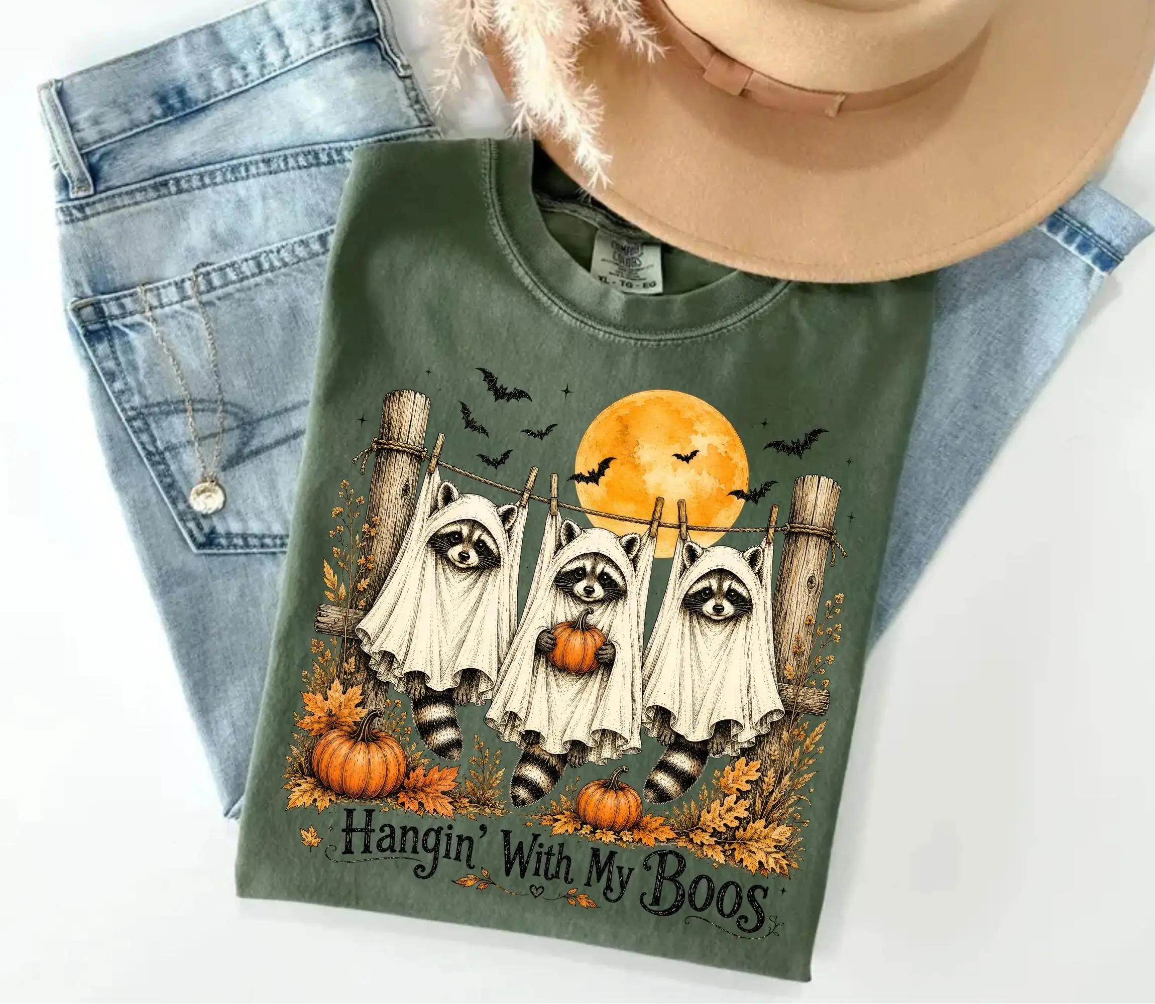 Comfort Colors Hangin With My Boos Shirt, Cute Raccoon Ghost Funny Fall Spooky Season Halloween Tee for Women - photo 2