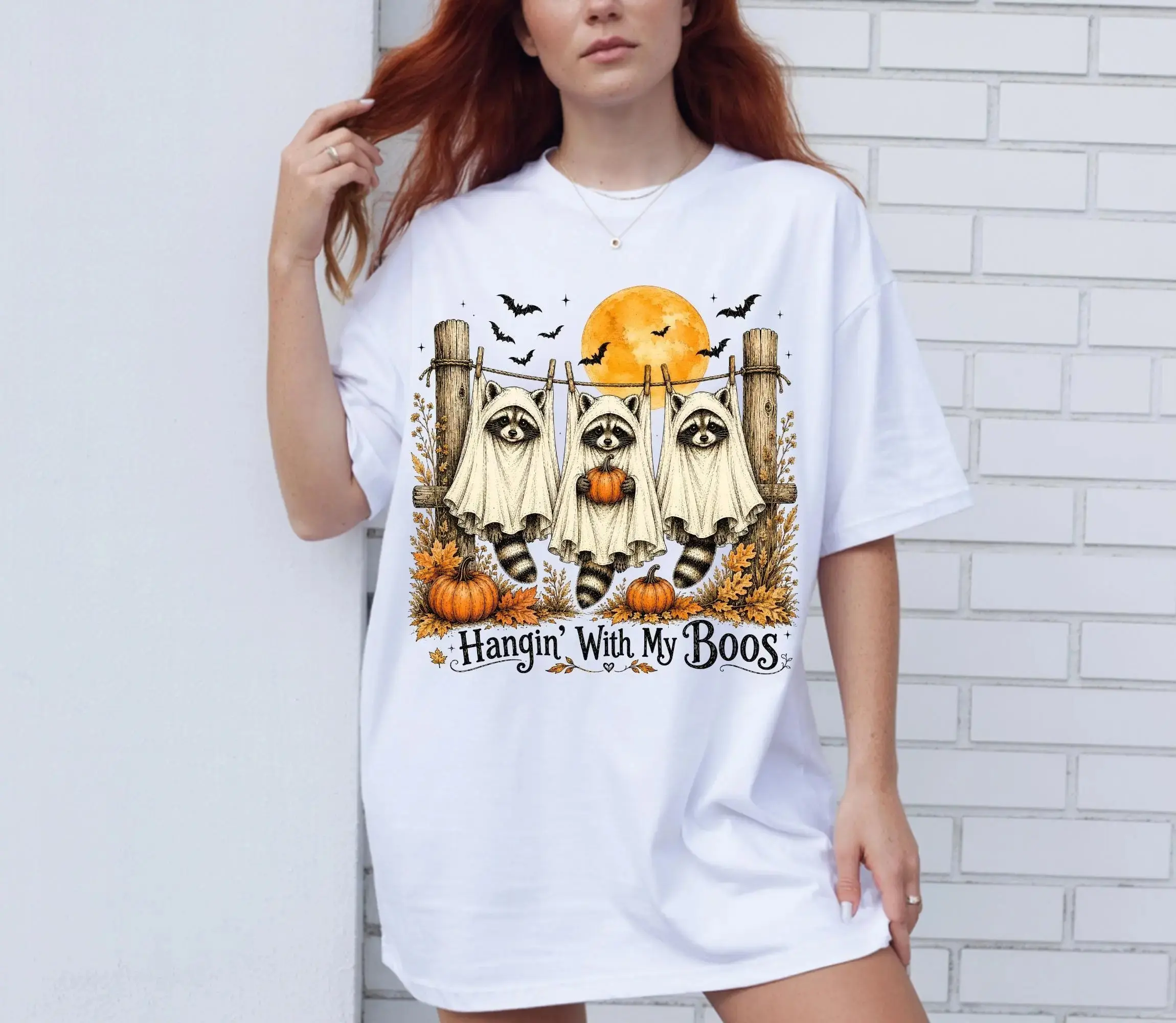 Comfort Colors Hangin With My Boos Shirt, Cute Raccoon Ghost Funny Fall Spooky Season Halloween Tee for Women - photo 3