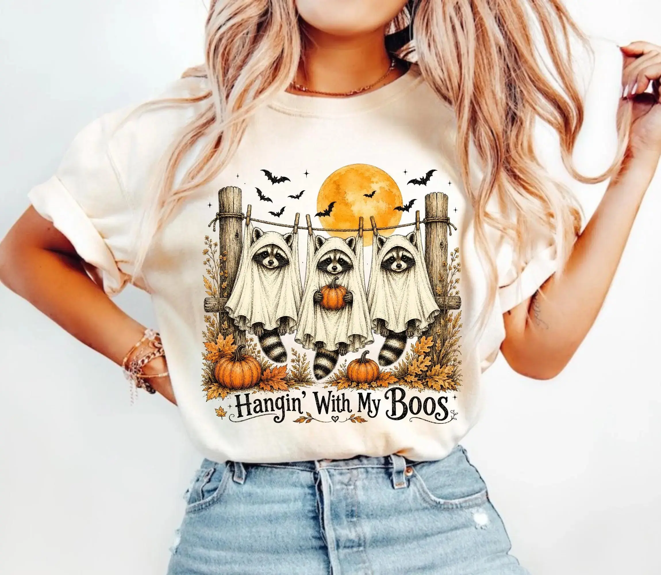Comfort Colors Hangin With My Boos Shirt, Cute Raccoon Ghost Funny Fall Spooky Season Halloween Tee for Women - photo 5