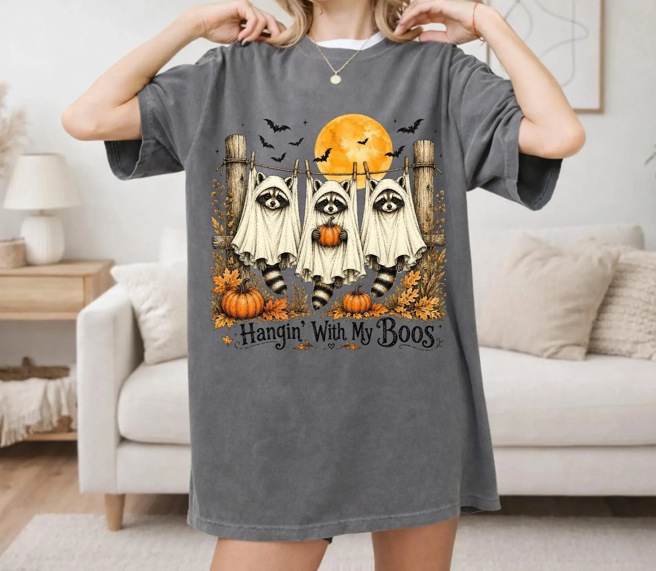 Comfort Colors Hangin With My Boos Sweatshirt, Cute Raccoon Ghost Funny Fall Spooky Season Halloween Crewneck - photo 4