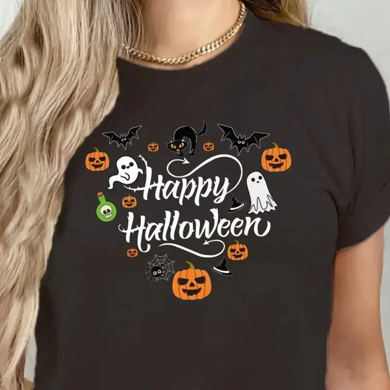 Happy Halloween T-Shirt for Women, Cute Pumpkin Print Funny Fall Costume Party Casual Graphic Tee