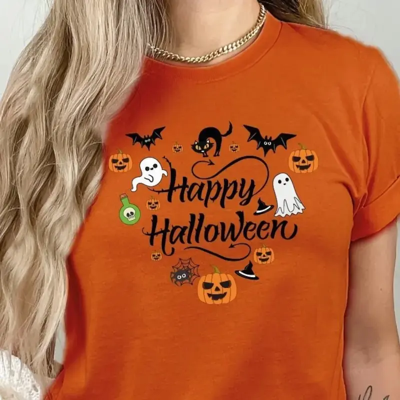 Happy Halloween T-Shirt for Women, Cute Pumpkin Print Funny Fall Costume Party Casual Graphic Tee - photo 2