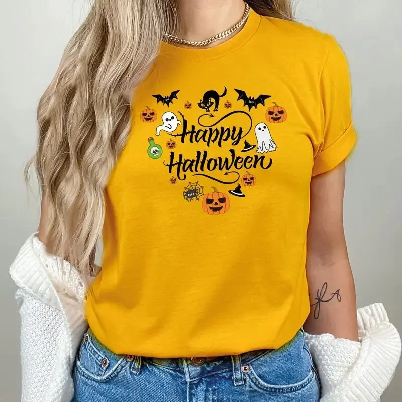 Happy Halloween T-Shirt for Women, Cute Pumpkin Print Funny Fall Costume Party Casual Graphic Tee - photo 4