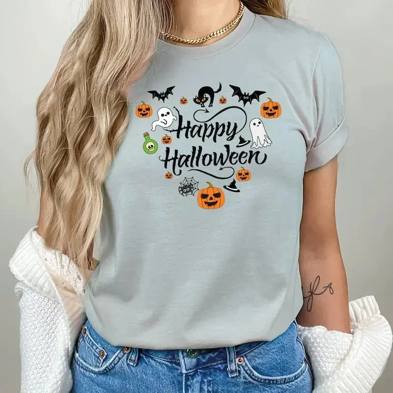 Happy Halloween T-Shirt for Women, Cute Pumpkin Print Funny Fall Costume Party Casual Graphic Tee - photo 5