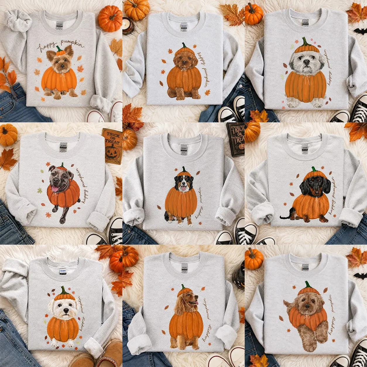 Happy Pumpkin Dog Costume Sweatshirt, Cute Halloween Mom Crewneck, Fall Gift for Pet Lovers