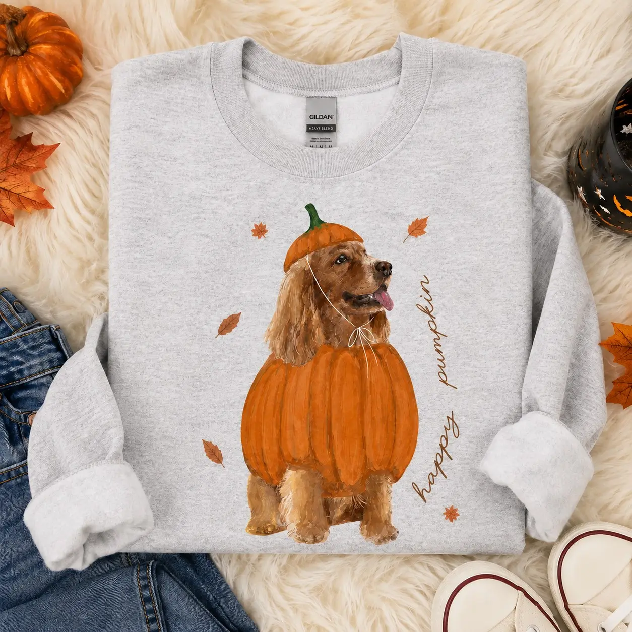 Happy Pumpkin Dog Costume Sweatshirt, Cute Halloween Mom Crewneck, Fall Gift for Pet Lovers - photo 3