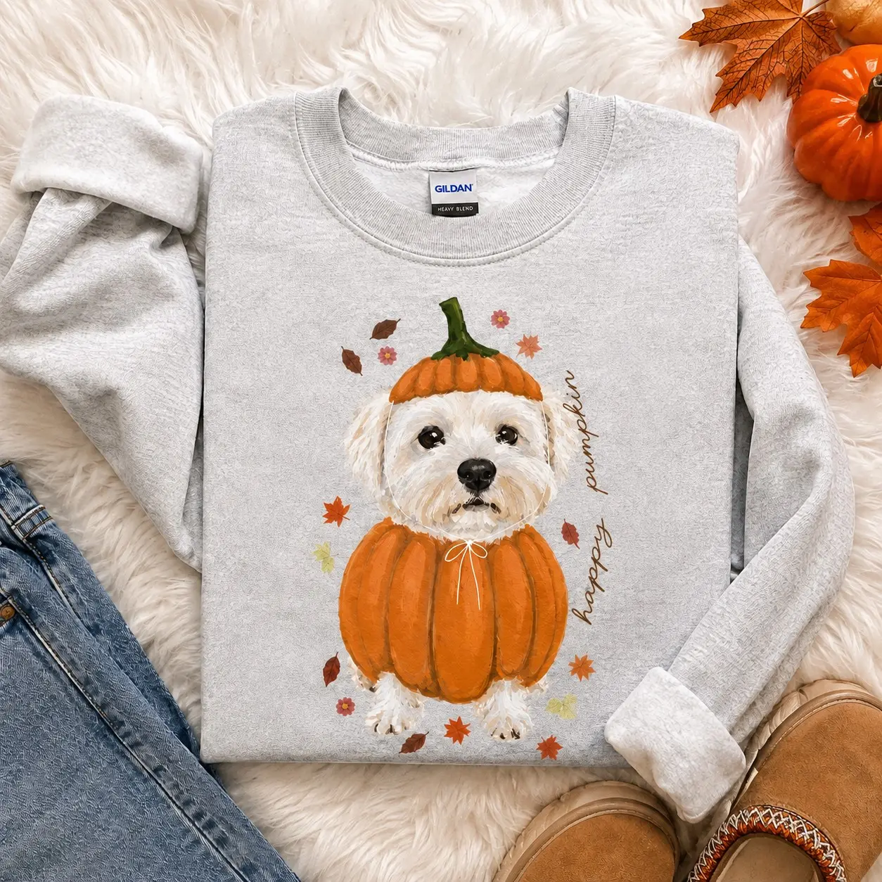 Happy Pumpkin Dog Costume Sweatshirt, Cute Halloween Mom Crewneck, Fall Gift for Pet Lovers - photo 5