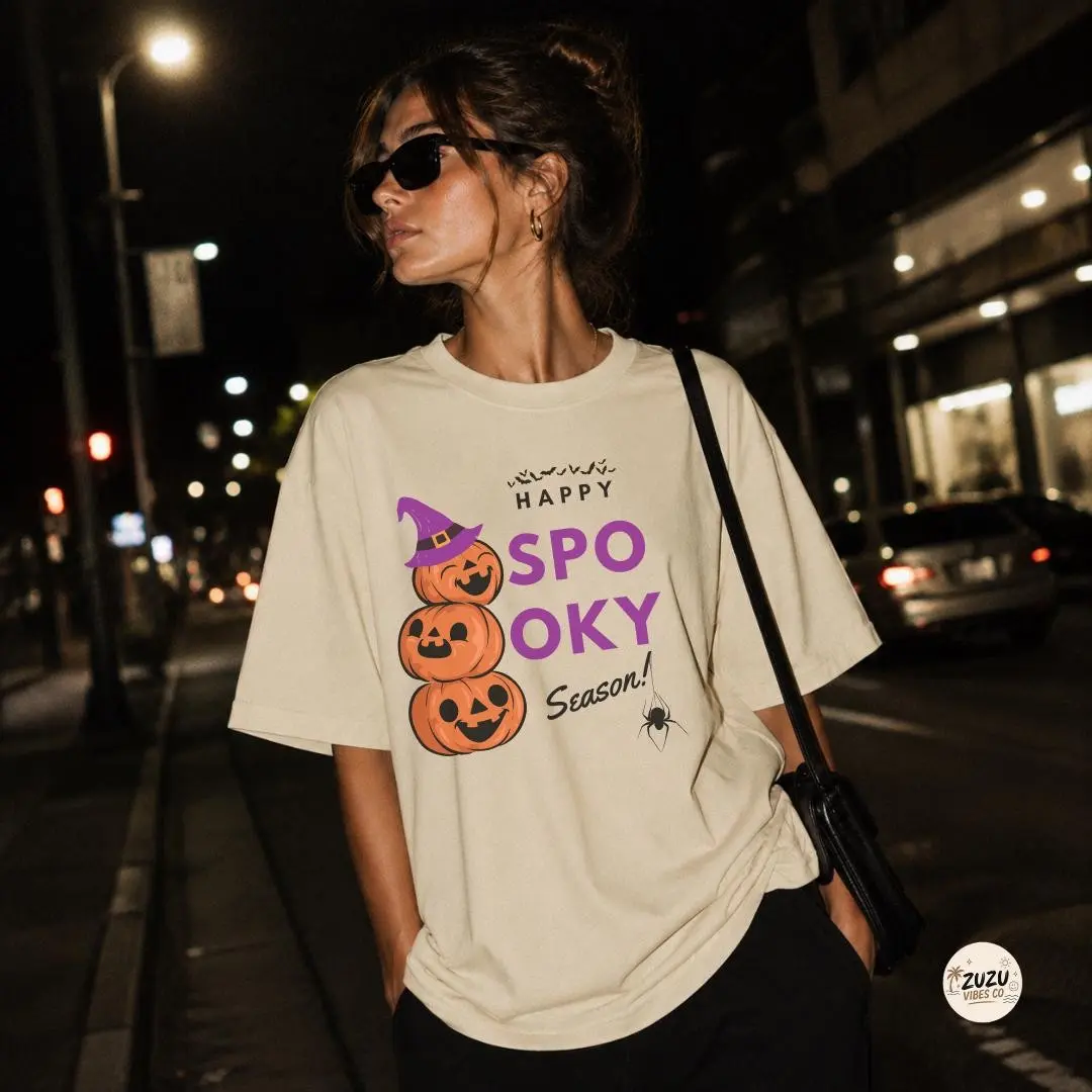 Happy Spooky Season Shirt for Women, Halloween Graphic Tee, Jack O Lantern Striped Print Cute Fall Pumpkin Top