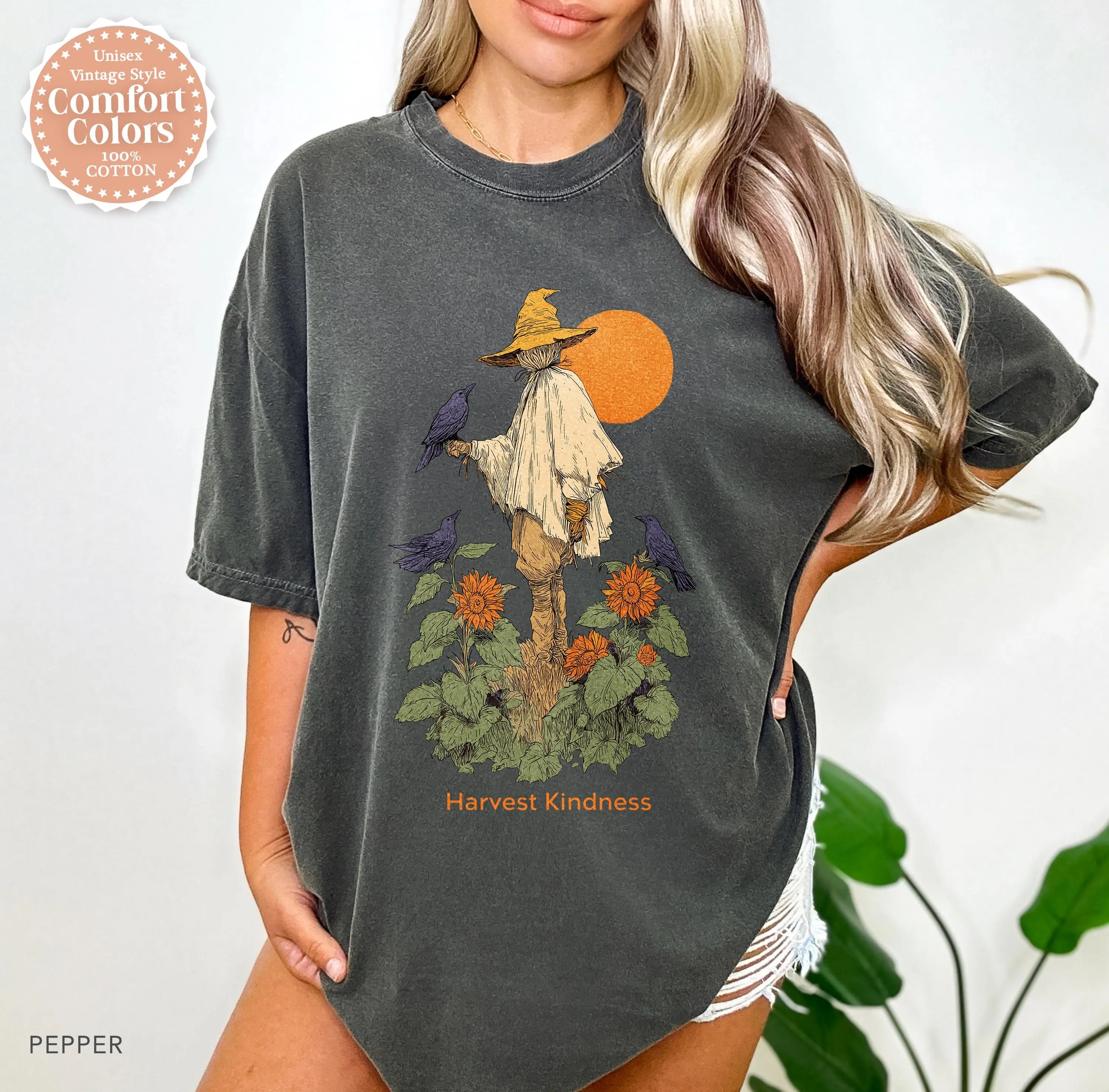 Harvest Kindness Scarecrow Halloween Shirt, Cottagecore Crow Graphic Tee, Cozy Fall Farm Autumn Vibes Comfort Colors - photo 2