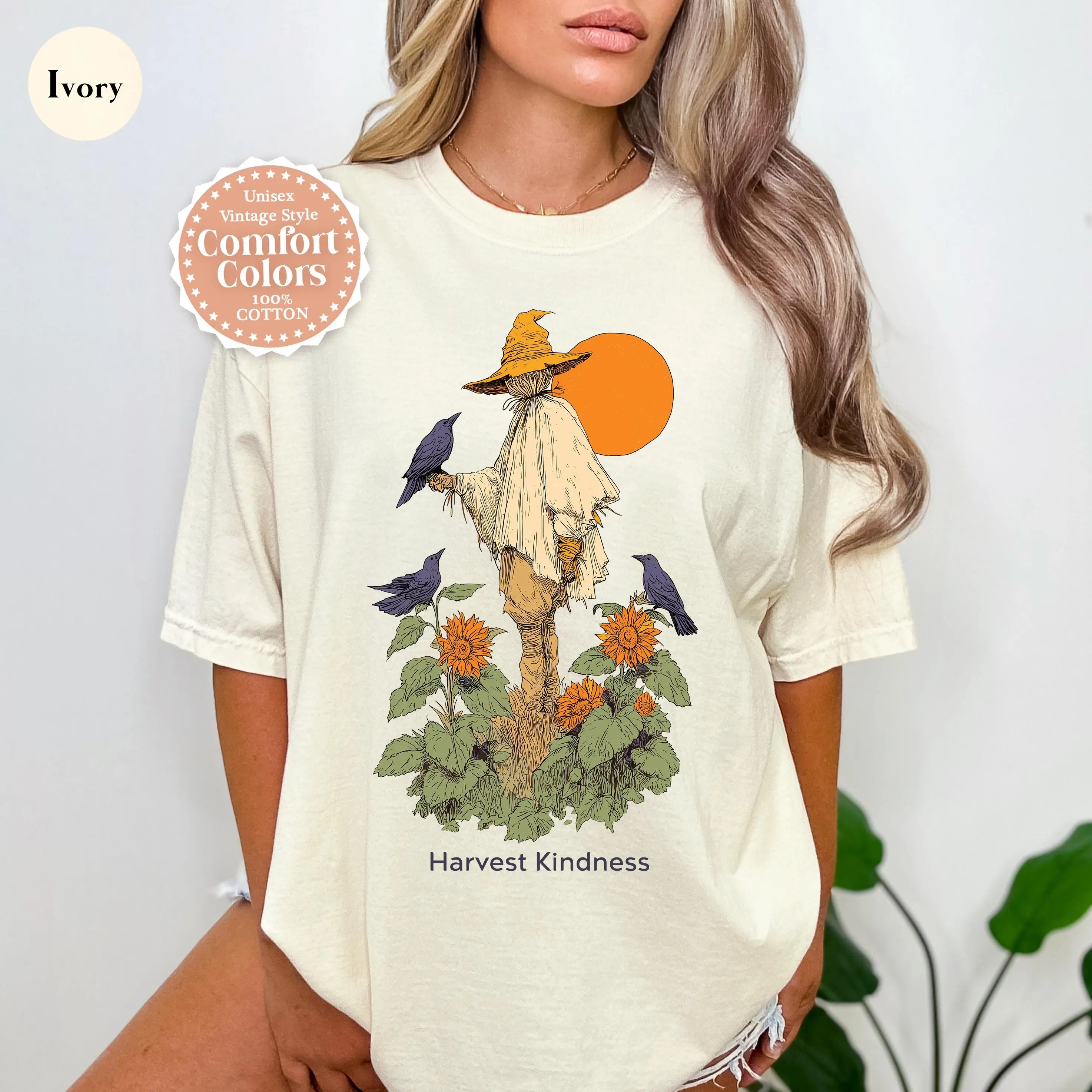 Harvest Kindness Scarecrow Halloween Shirt, Cottagecore Crow Graphic Tee, Cozy Fall Farm Autumn Vibes Comfort Colors - photo 3