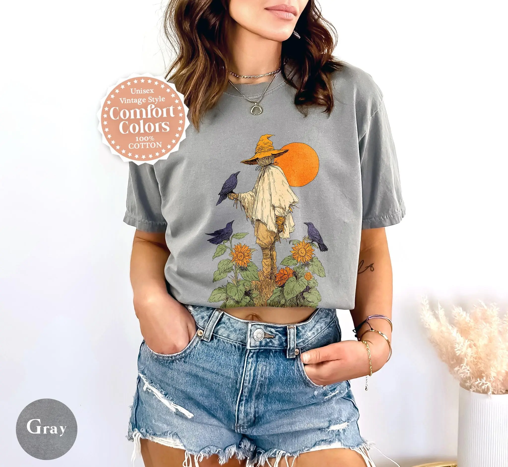 Harvest Kindness Scarecrow Halloween Shirt, Cottagecore Crow Graphic Tee, Cozy Fall Farm Autumn Vibes Comfort Colors - photo 4
