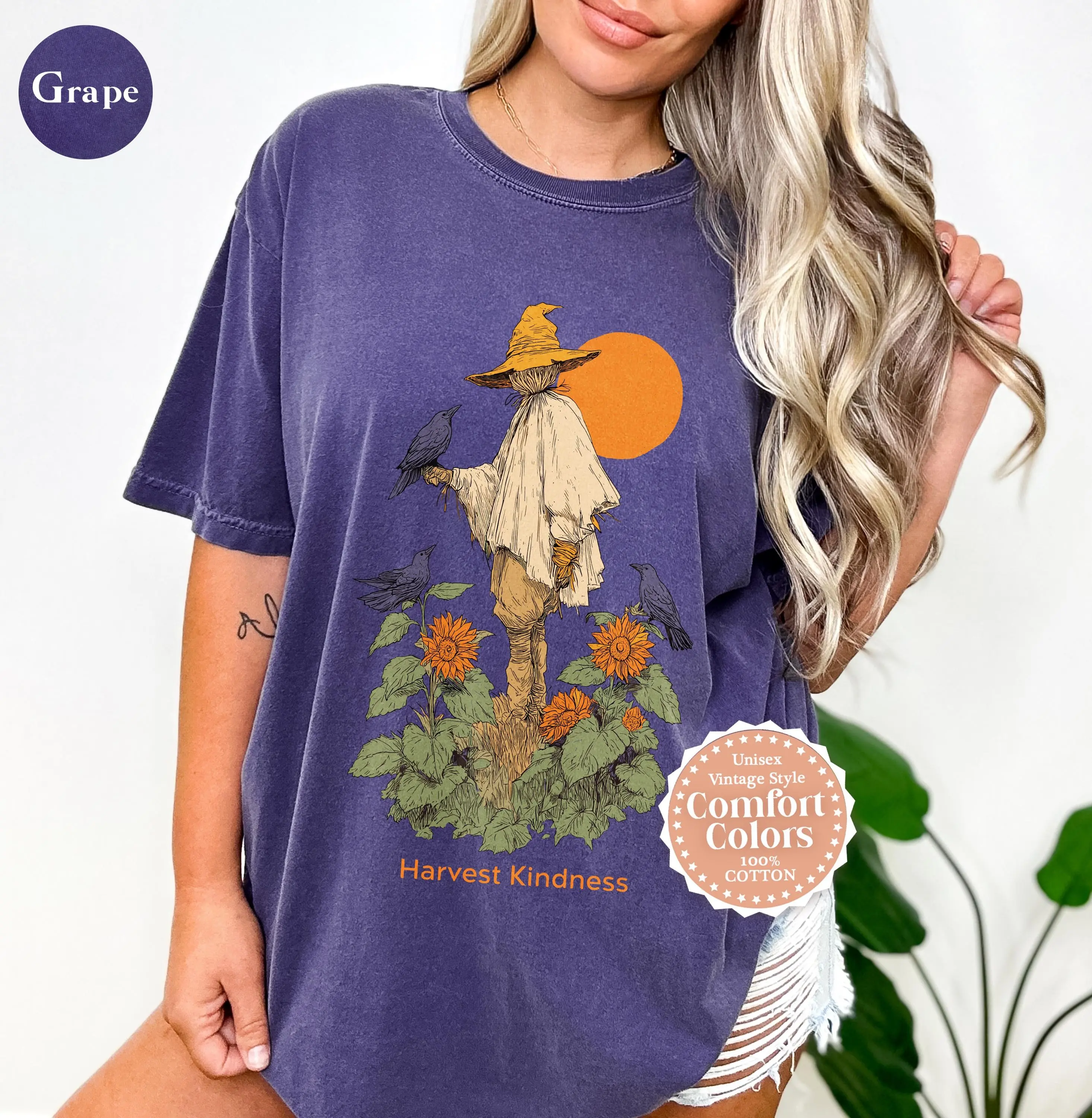 Harvest Kindness Scarecrow Halloween Shirt, Cottagecore Crow Graphic Tee, Cozy Fall Farm Autumn Vibes Comfort Colors - photo 5