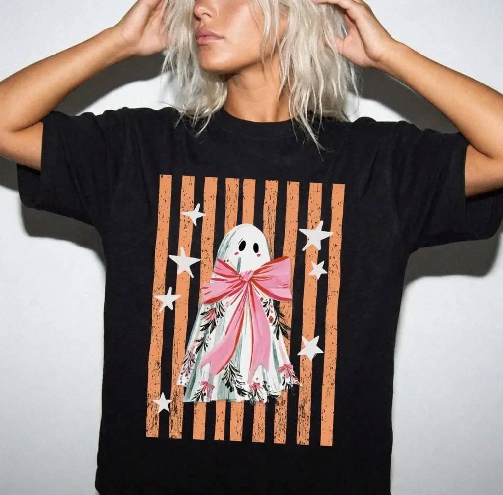 Haunt Mess Ghost Shirt, Funny Trendy Preppy Striped Spooky Season Vibes Fall Halloween Graphic Tee