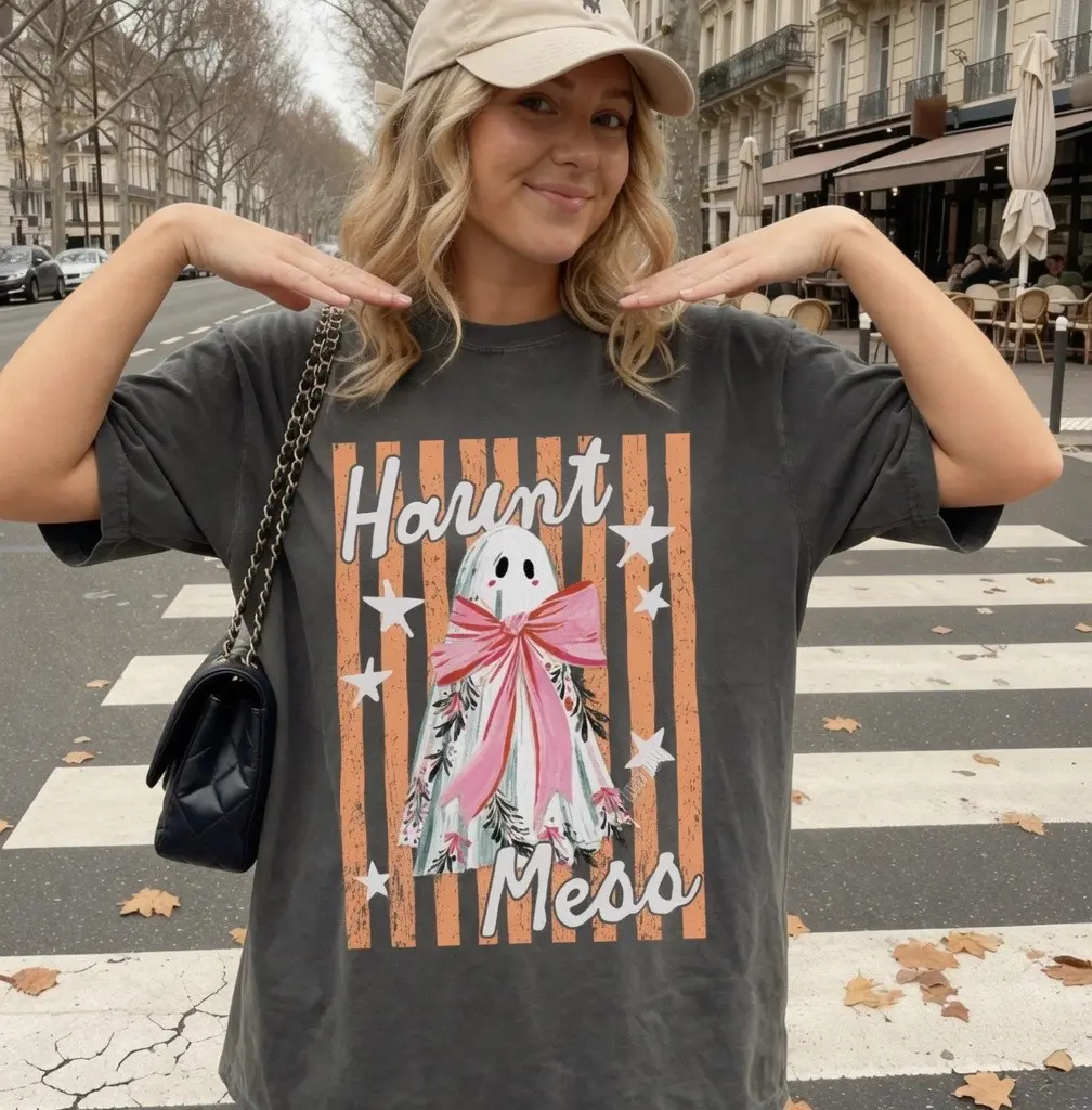 Haunt Mess Ghost Shirt, Funny Trendy Preppy Striped Spooky Season Vibes Fall Halloween Graphic Tee - photo 2