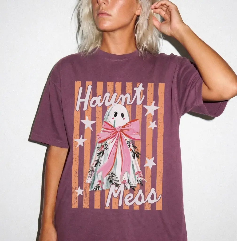Haunt Mess Ghost Shirt, Funny Trendy Preppy Striped Spooky Season Vibes Fall Halloween Graphic Tee - photo 3