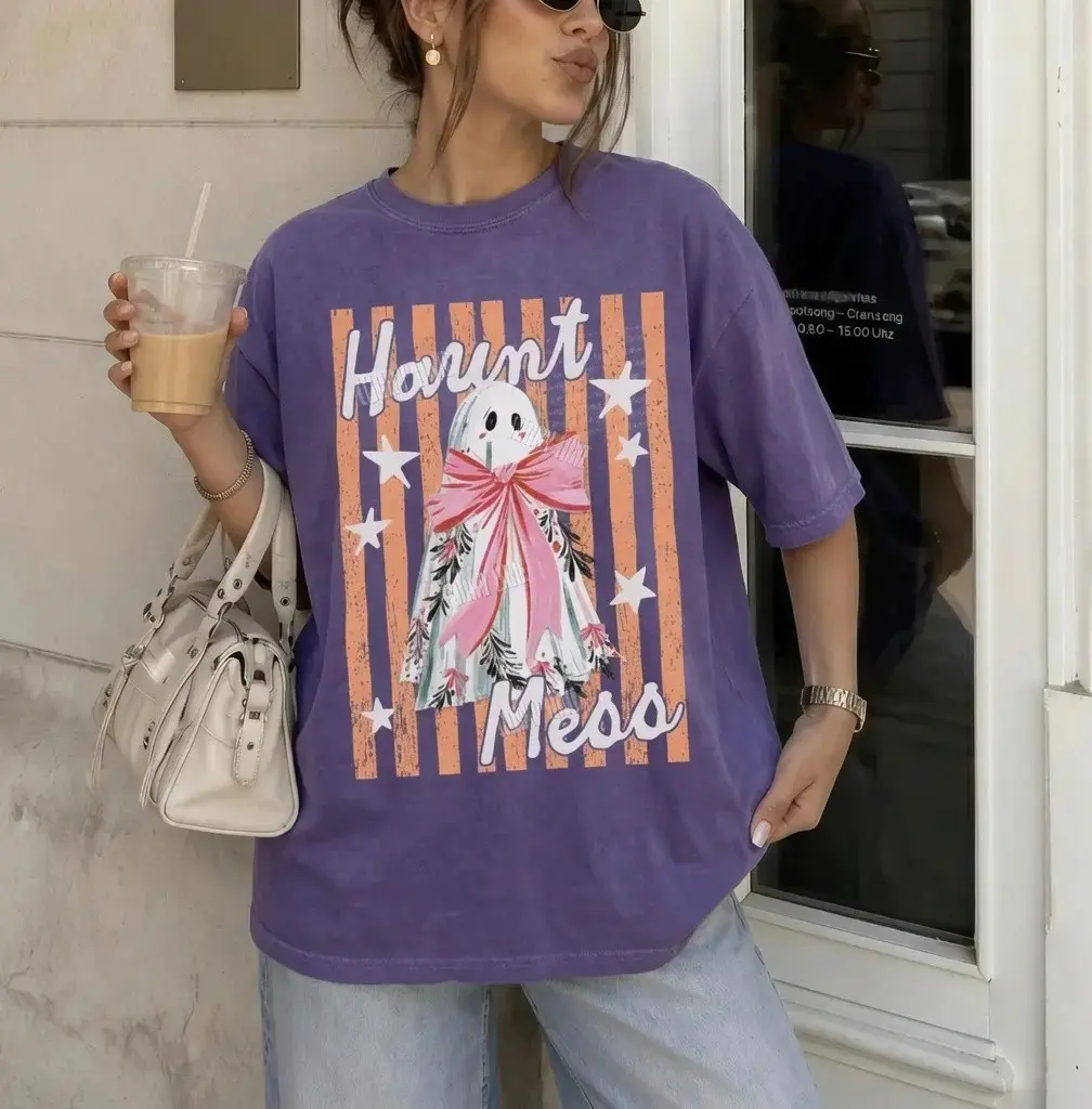 Haunt Mess Ghost Shirt, Funny Trendy Preppy Striped Halloween Spooky Season Fall Graphic Tee for Women - photo 4