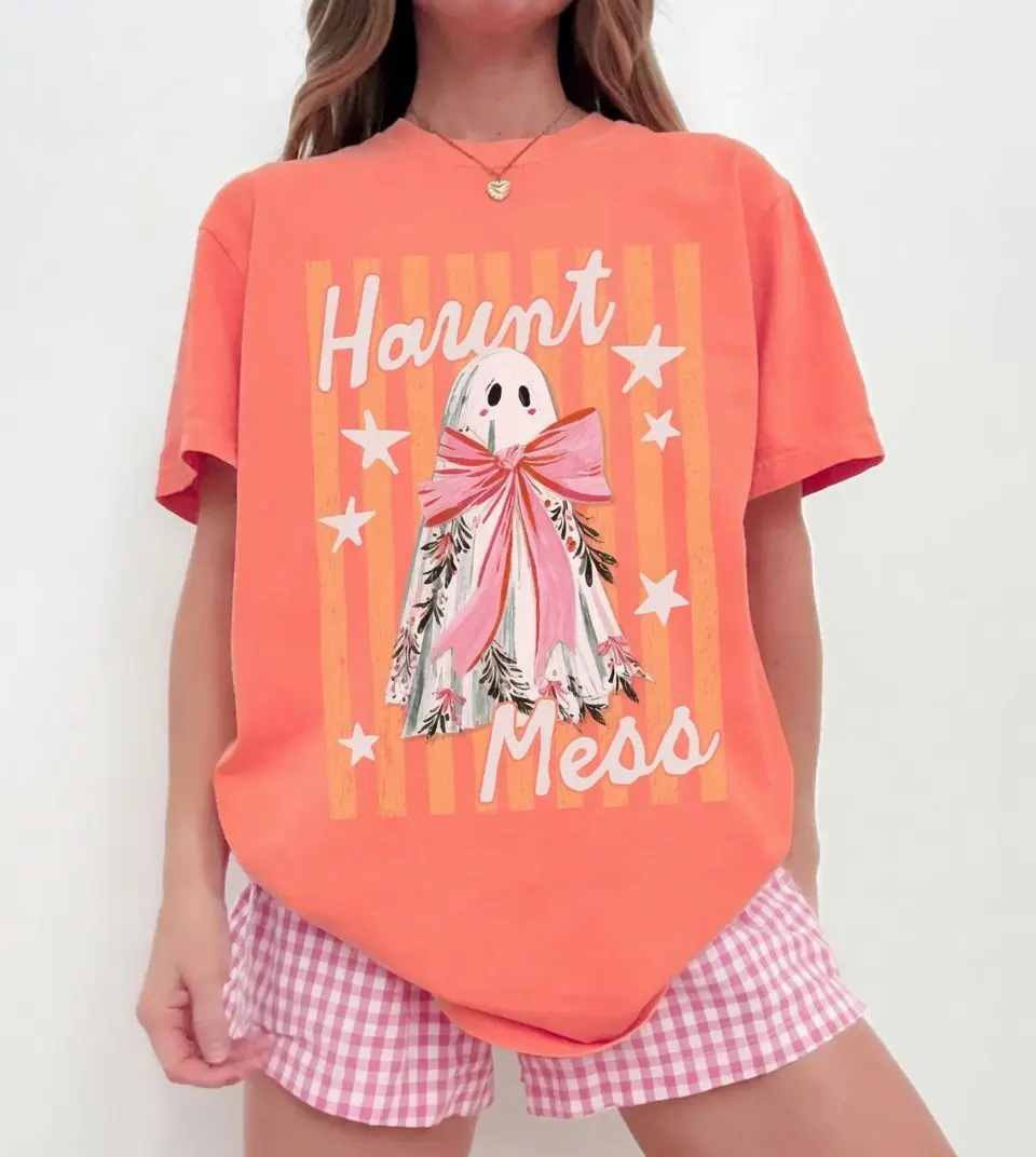 Haunt Mess Ghost Shirt, Funny Trendy Preppy Striped Spooky Season Vibes Fall Halloween Graphic Tee - photo 5