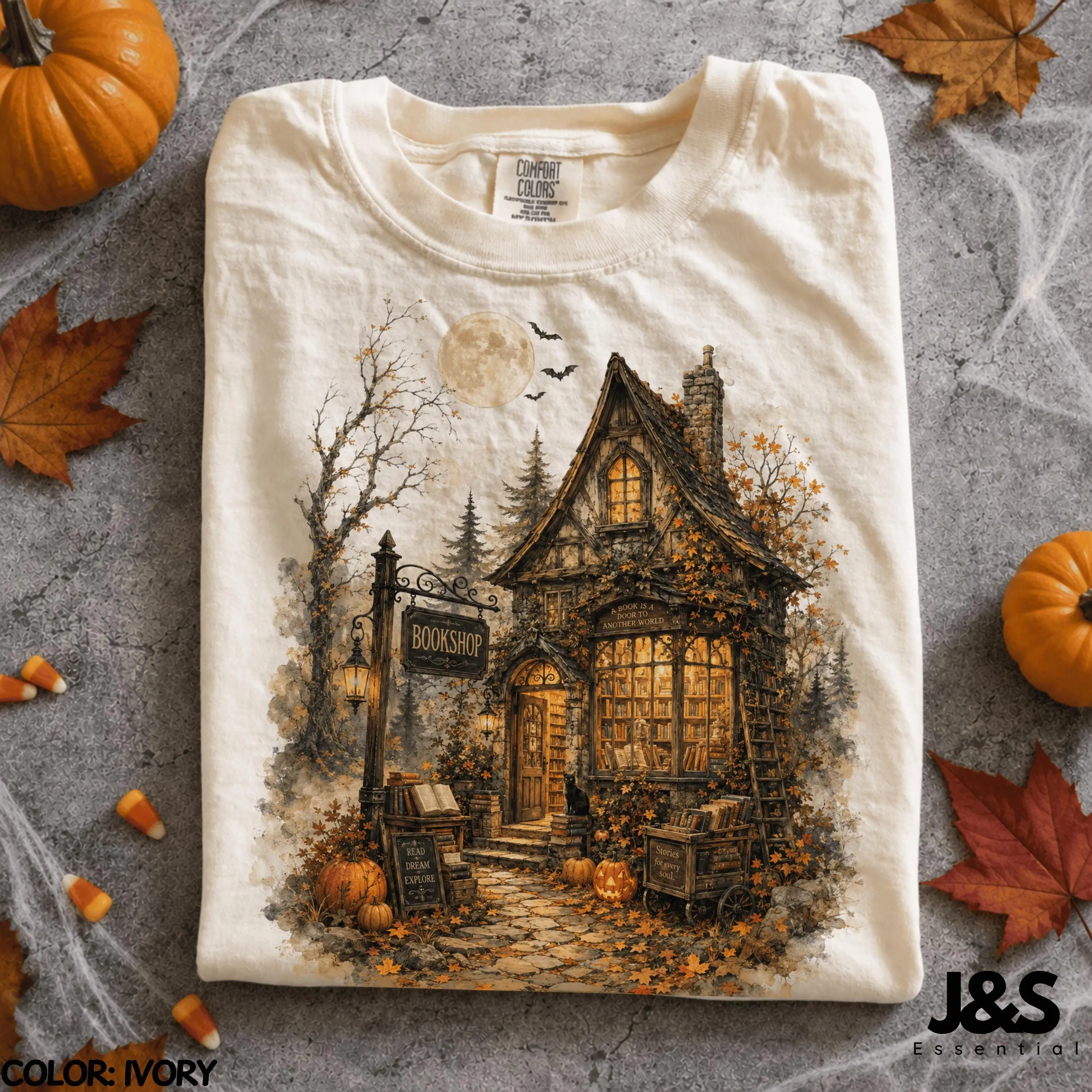 Haunted Bookshop Halloween Shirt, Spooky Book Lover Tee, Vintage Pumpkin Moon Fall Witchy Cottagecore Reader Gift