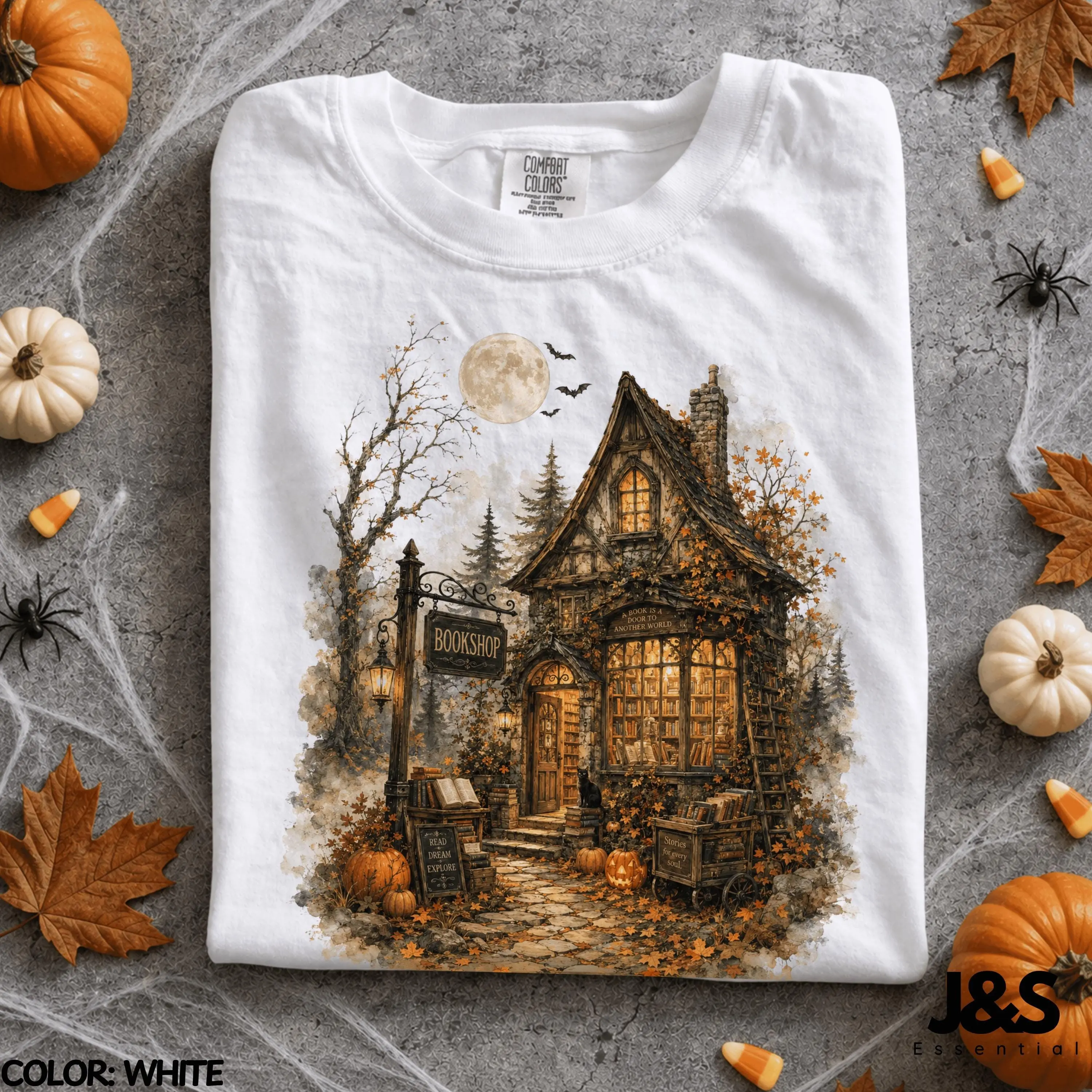 Haunted Bookshop Halloween Shirt, Spooky Book Lover Tee, Vintage Pumpkin Moon Fall Witchy Cottagecore Reader Gift - photo 2