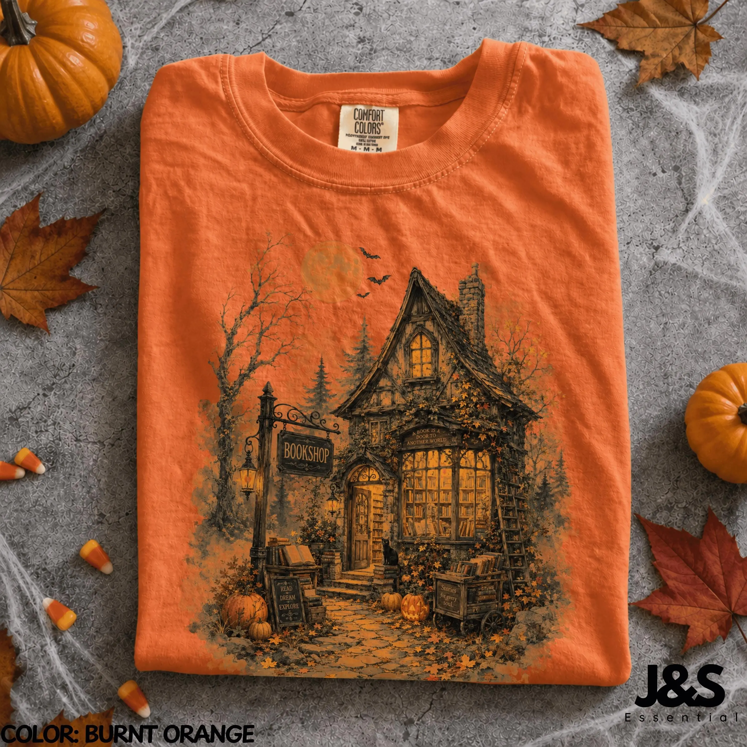 Haunted Bookshop Halloween Shirt, Spooky Book Lover Tee, Vintage Pumpkin Moon Fall Witchy Cottagecore Reader Gift - photo 3