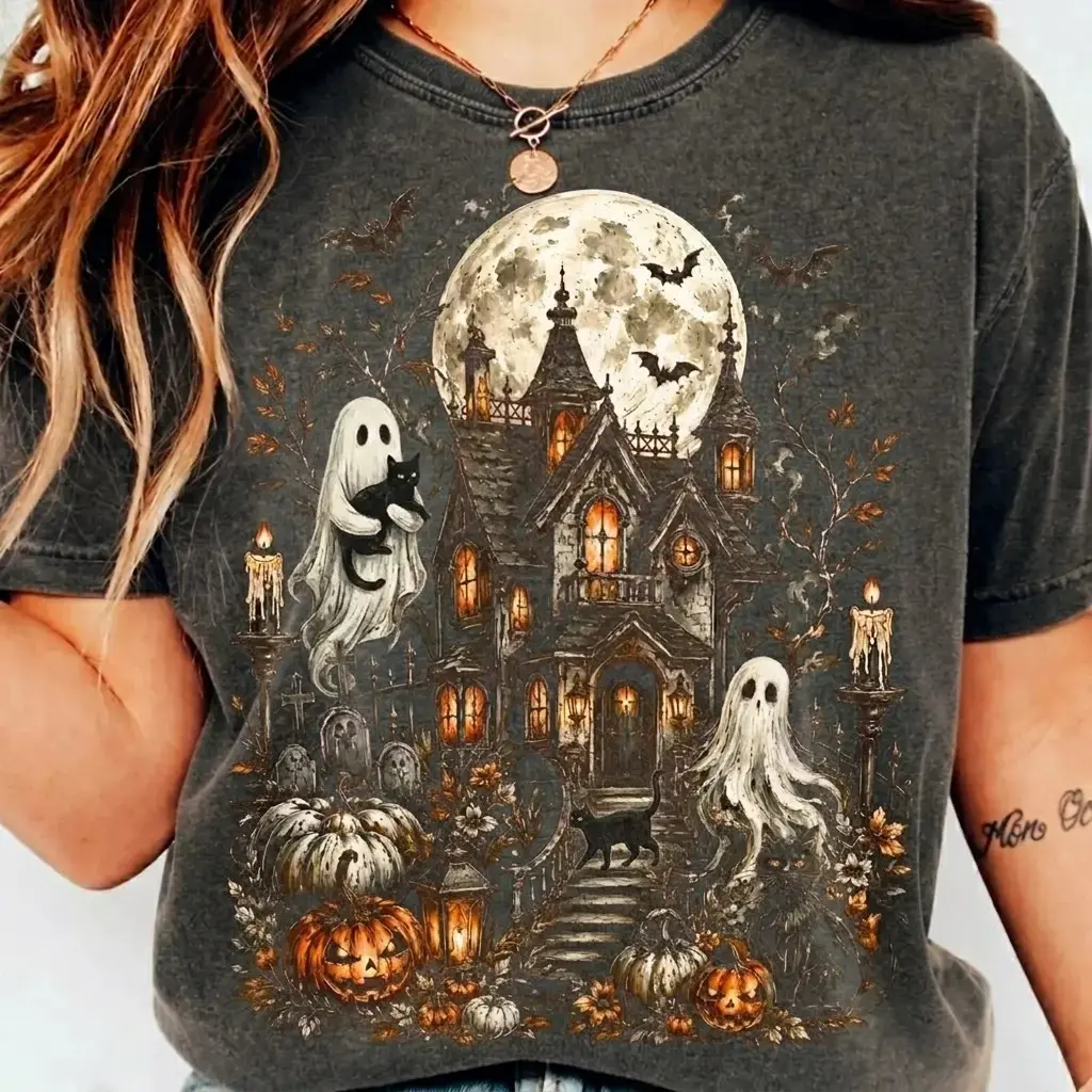 Comfort Colors Haunted House Ghost Halloween Shirt, Spooky Cottage Pumpkin Vintage Gothic Fall Tee