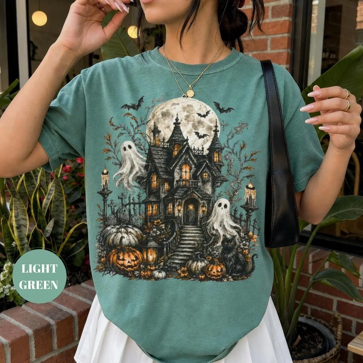 Comfort Colors Haunted House Halloween Shirt, Spooky Ghost Pumpkin Black Cat Full Moon Cottagecore Fall Gift