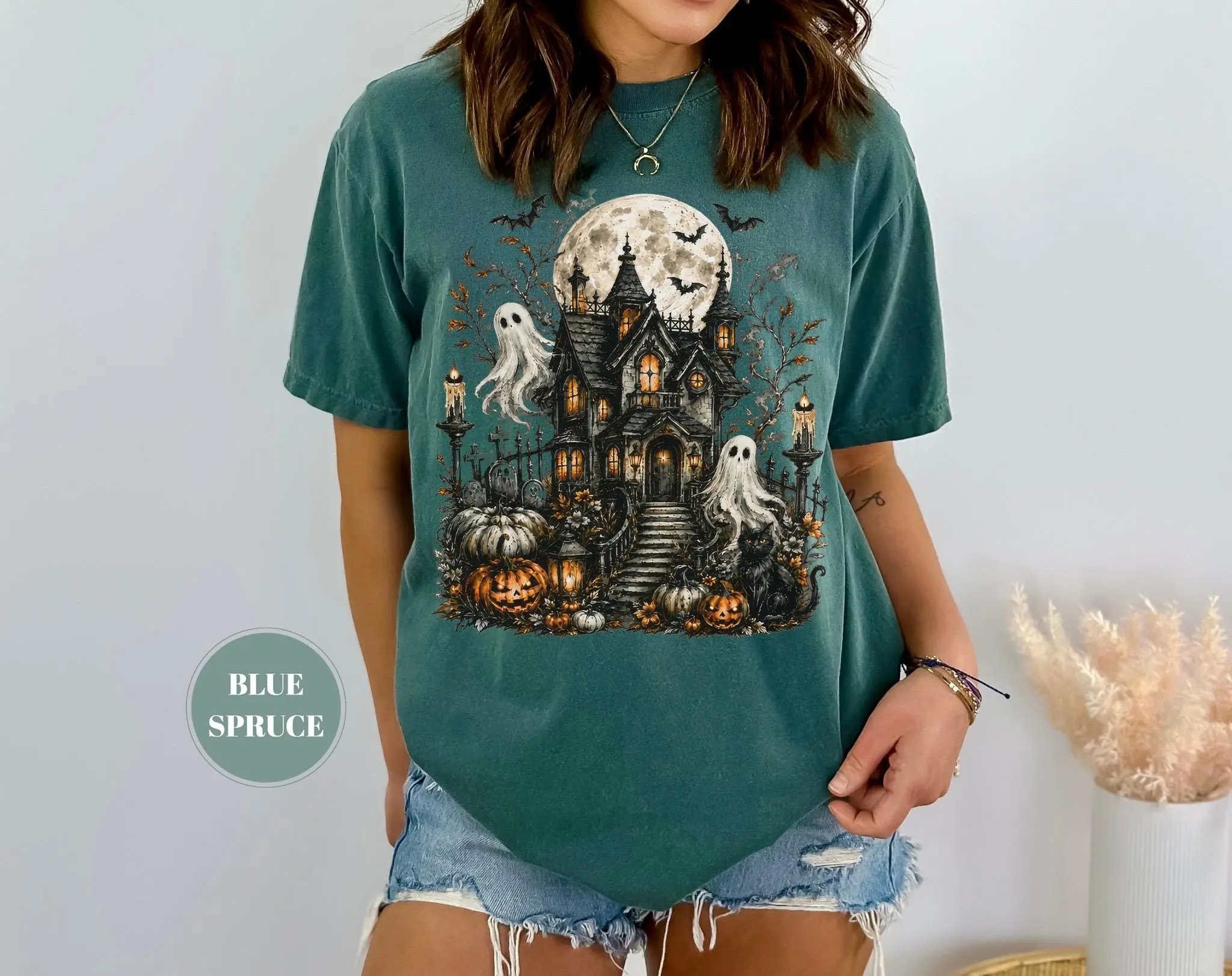 Comfort Colors Haunted House Halloween Shirt, Spooky Ghost Pumpkin Black Cat Full Moon Cottagecore Fall Gift - photo 2