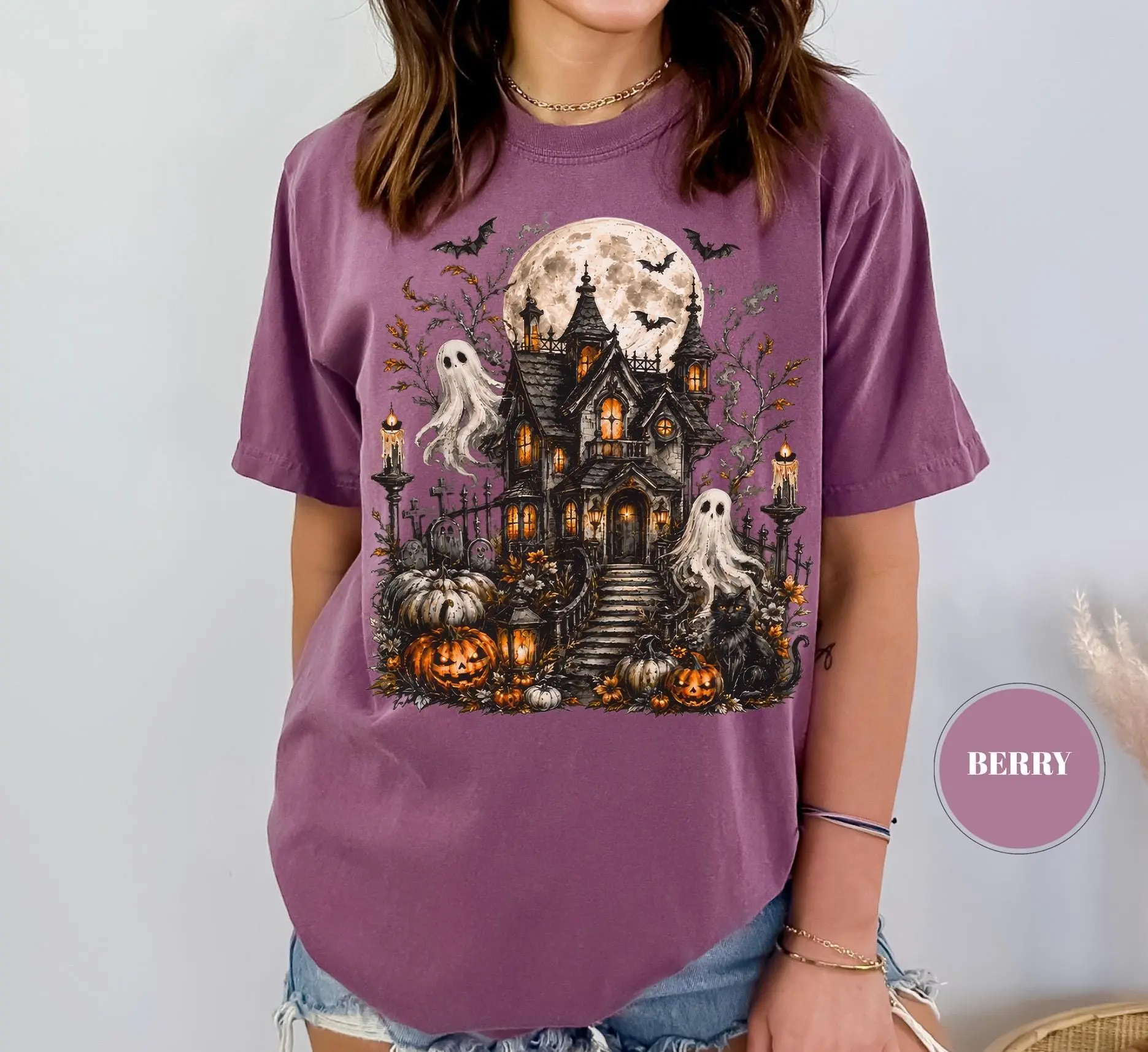 Comfort Colors Haunted House Halloween Shirt, Spooky Ghost Pumpkin Black Cat Full Moon Cottagecore Fall Gift - photo 3