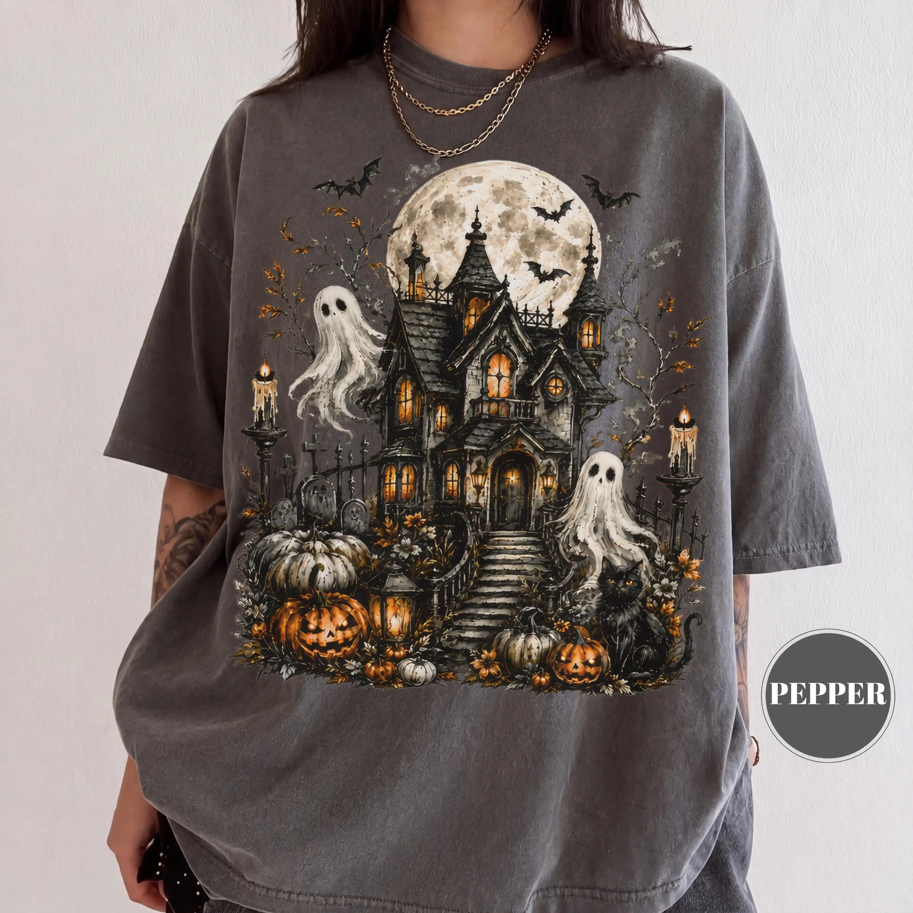 Comfort Colors Haunted House Halloween Shirt, Spooky Ghost Pumpkin Black Cat Full Moon Cottagecore Fall Gift - photo 4