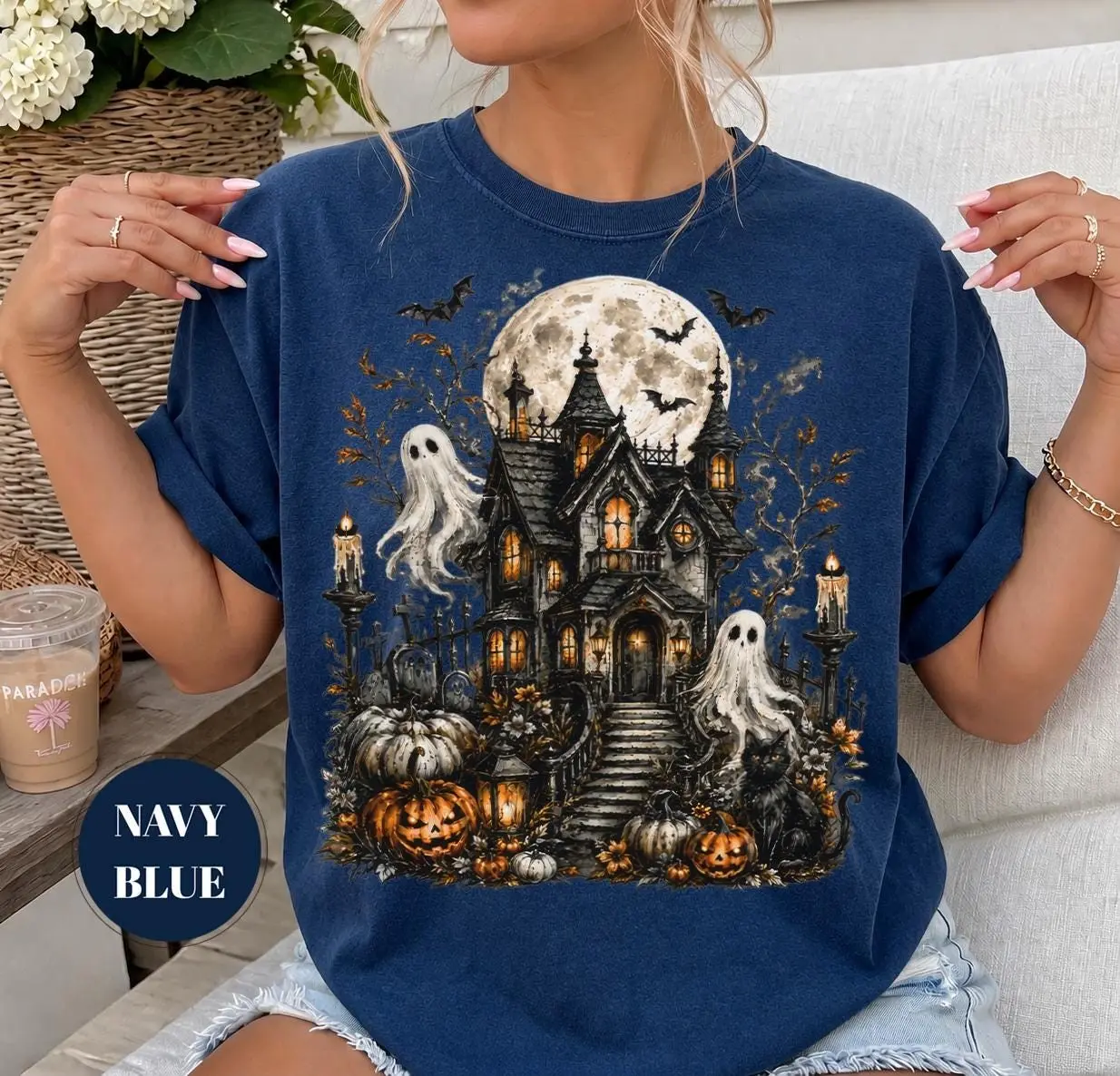 Comfort Colors Haunted House Halloween Sweatshirt, Spooky Ghost Pumpkin Black Cat Full Moon Cottagecore Fall Gift - photo 5