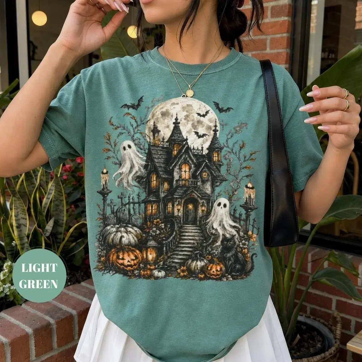 Haunted House Halloween T-Shirt, Comfort Colors Spooky Ghost Pumpkin Black Cat Full Moon Cottagecore Fall Tee