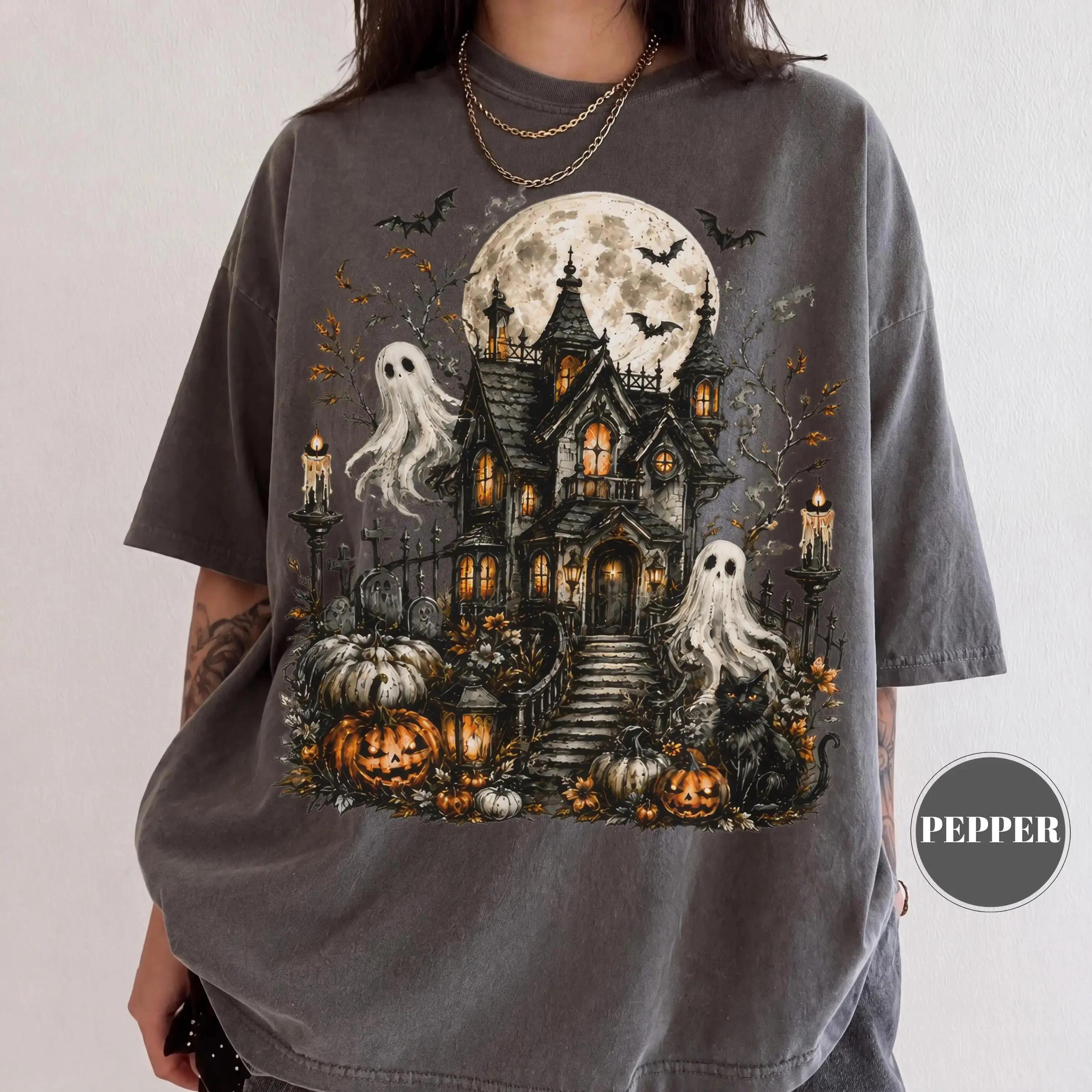 Haunted House Halloween T-Shirt, Comfort Colors Spooky Ghost Pumpkin Black Cat Full Moon Cottagecore Fall Tee - photo 4