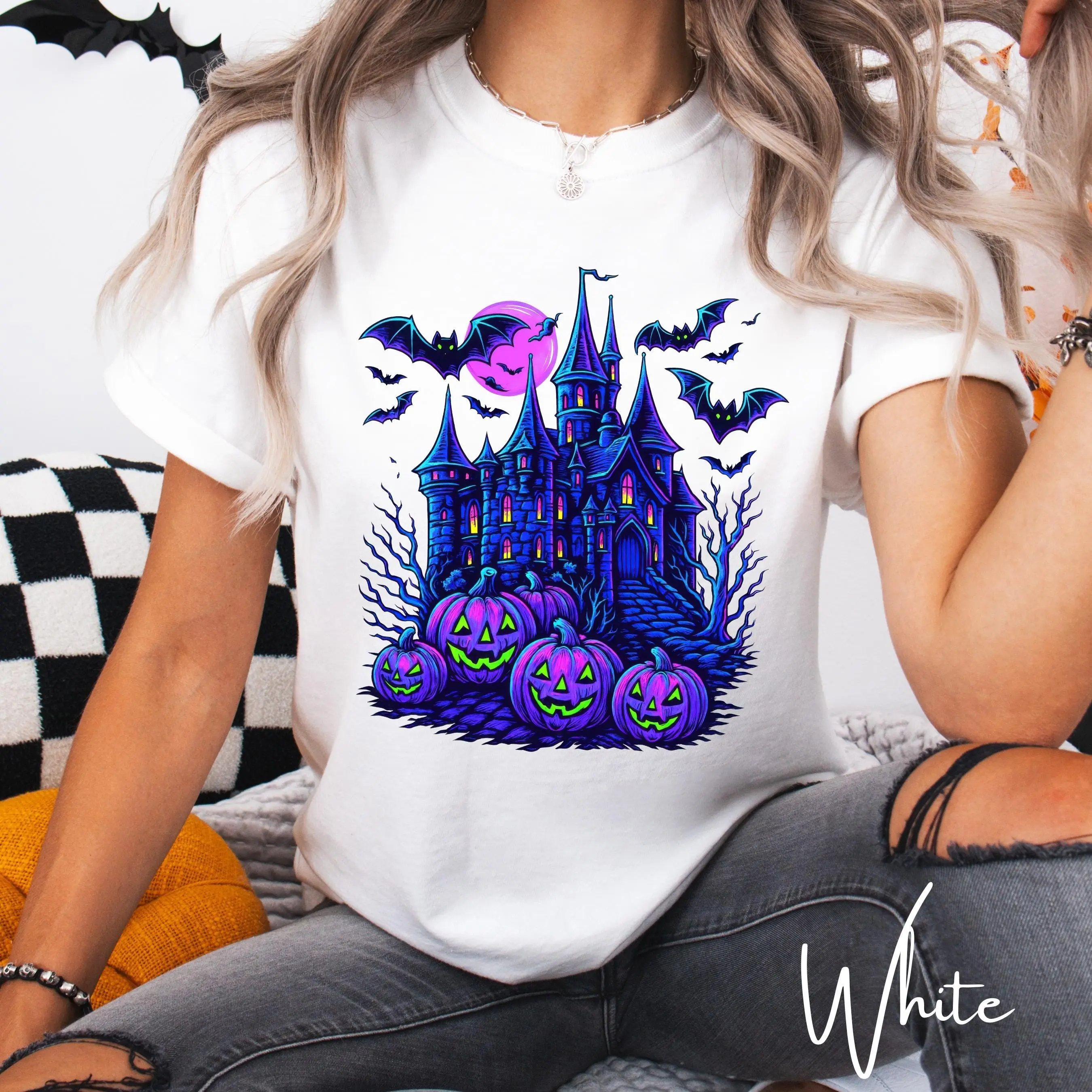 Comfort Colors Haunted Mansion Shirt, Bats Pumpkin Moon Vintage Halloween Spooky Season Graphic Tee Gift