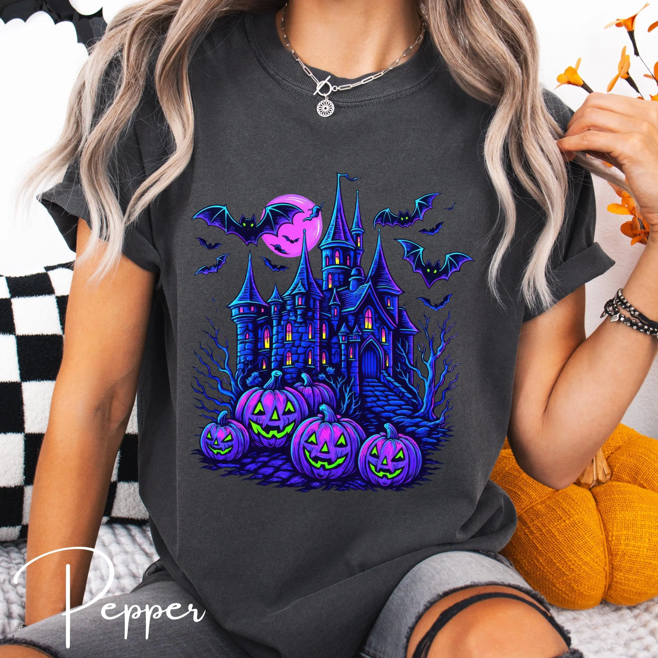 Comfort Colors Haunted Mansion Shirt, Bats Pumpkin Moon Vintage Halloween Spooky Season Graphic Tee Gift - photo 2