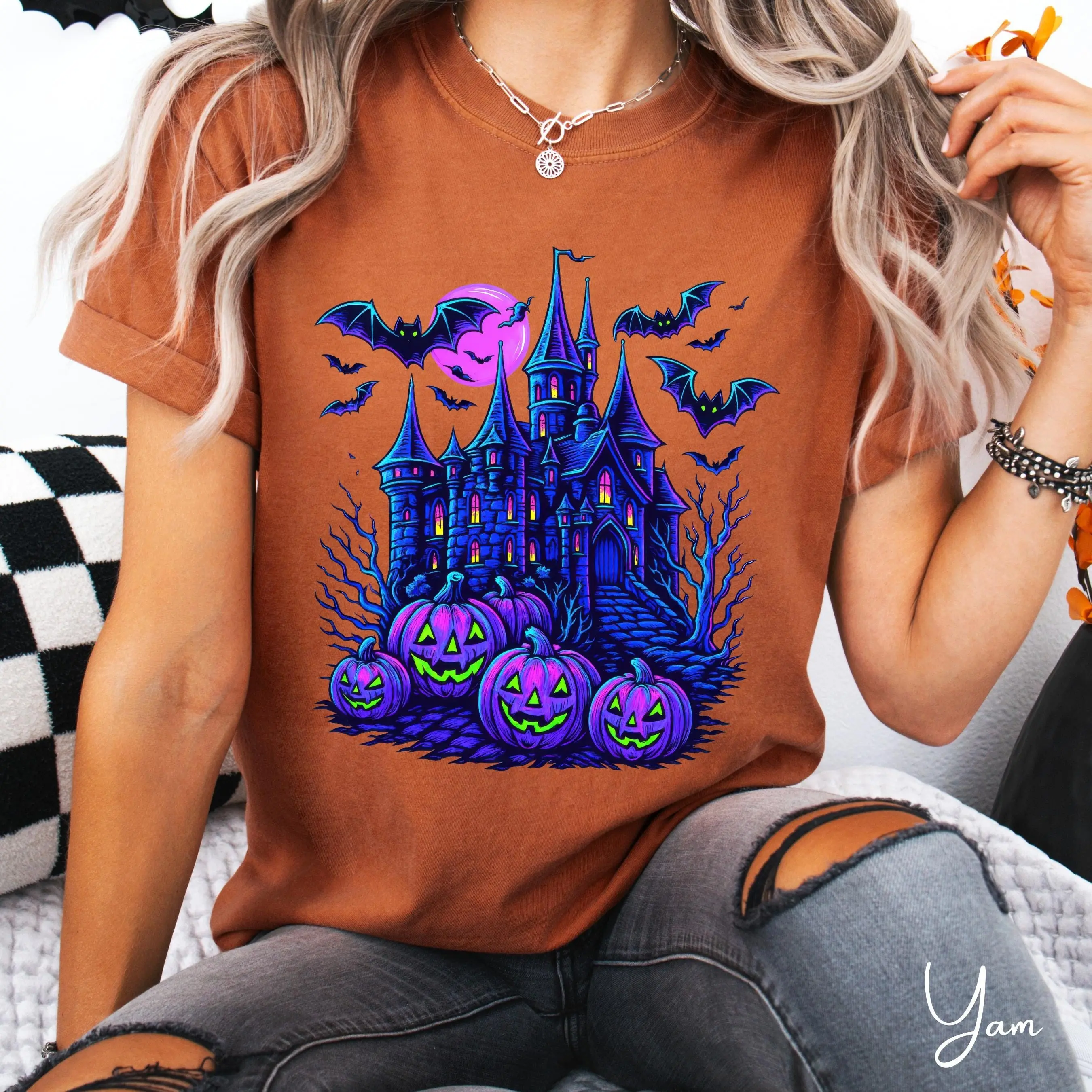 Comfort Colors Haunted Mansion Shirt, Bats Pumpkin Moon Vintage Halloween Spooky Season Graphic Tee Gift - photo 3