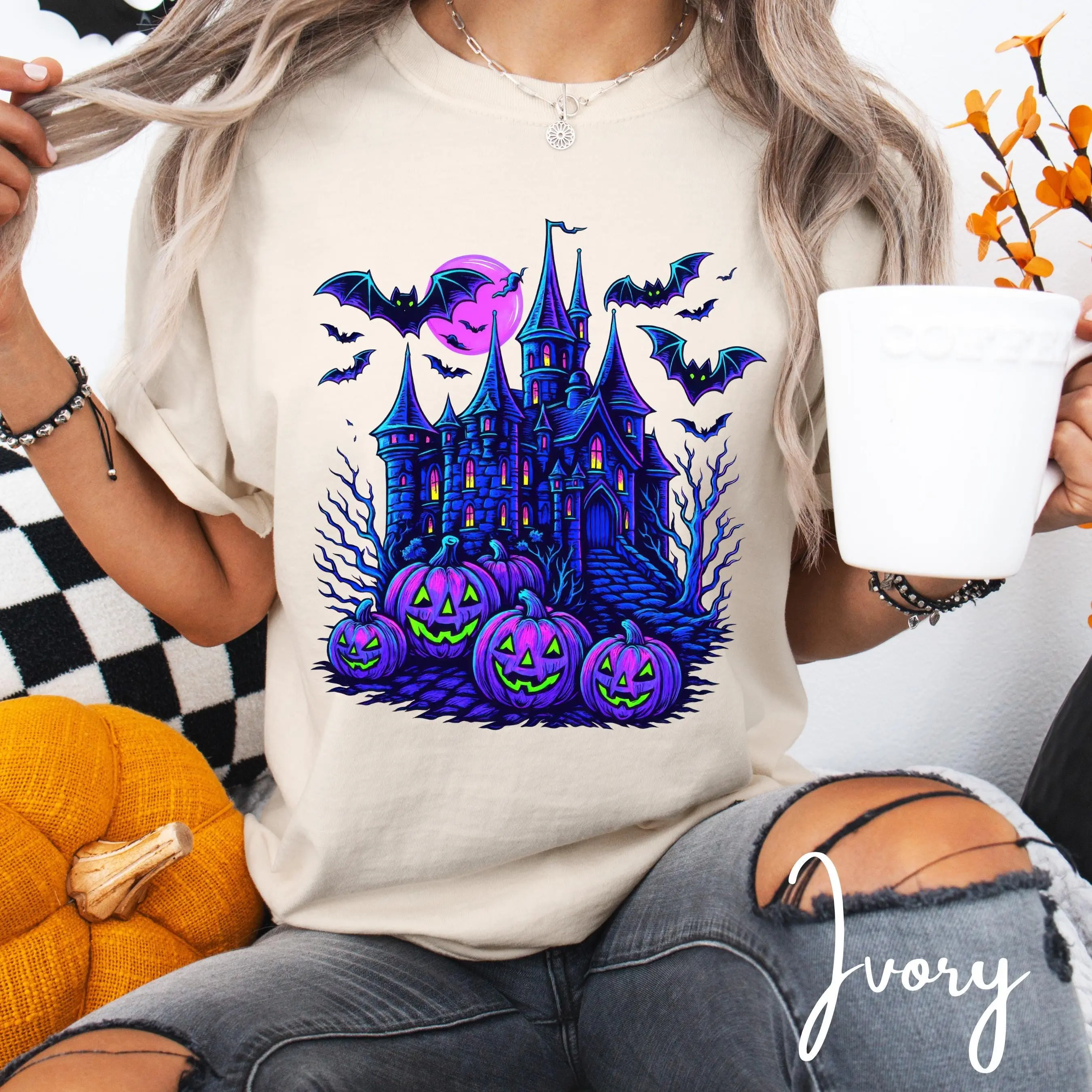 Comfort Colors Haunted Mansion Shirt, Bats Pumpkin Moon Vintage Halloween Spooky Season Graphic Tee Gift - photo 4